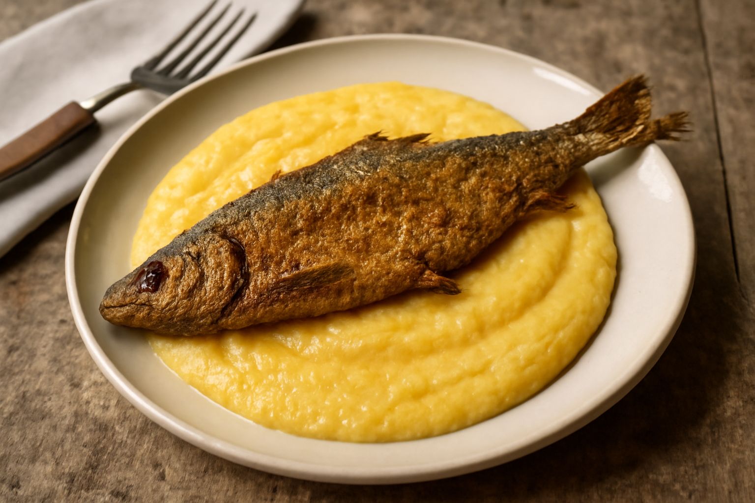 Tre agoni fritti con crosta dorata di polenta disposti su un piatto bianco con polenta cremosa gialla, foglia di salvia fresca, limone tagliato a spicchi, su tavolo in legno naturale con luce naturale