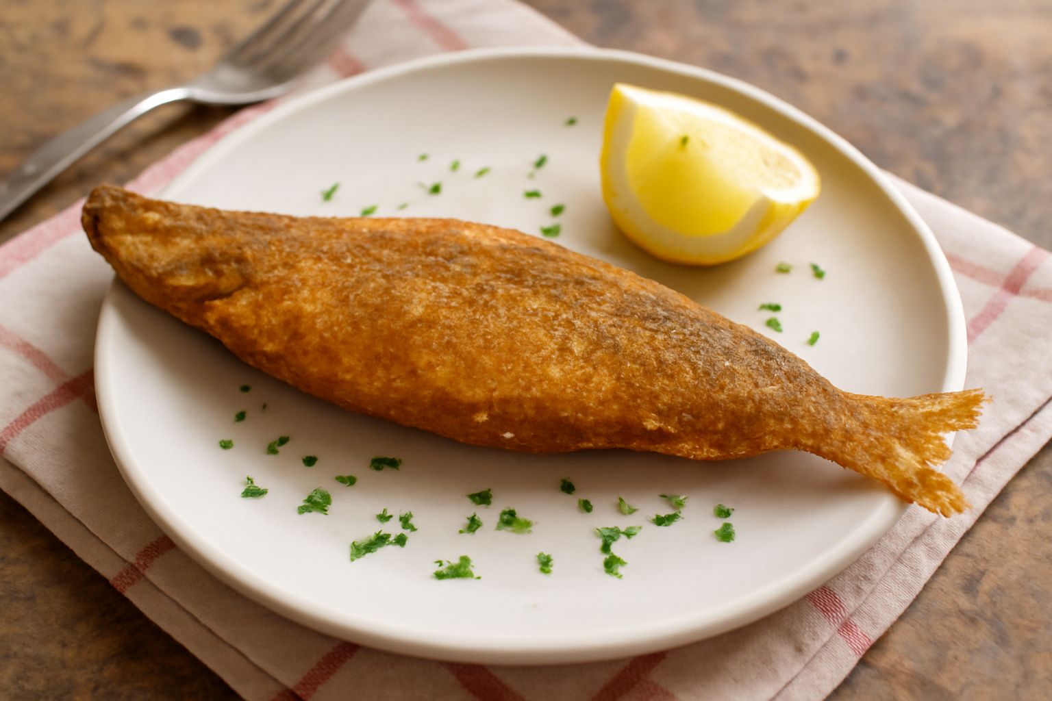 Cinque agoni fritti interi, dorati e croccanti, disposti su carta assorbente bianca, con limone tagliato a spicchi e prezzemolo fresco accanto, dentro un piatto bianco con orlo azzurro