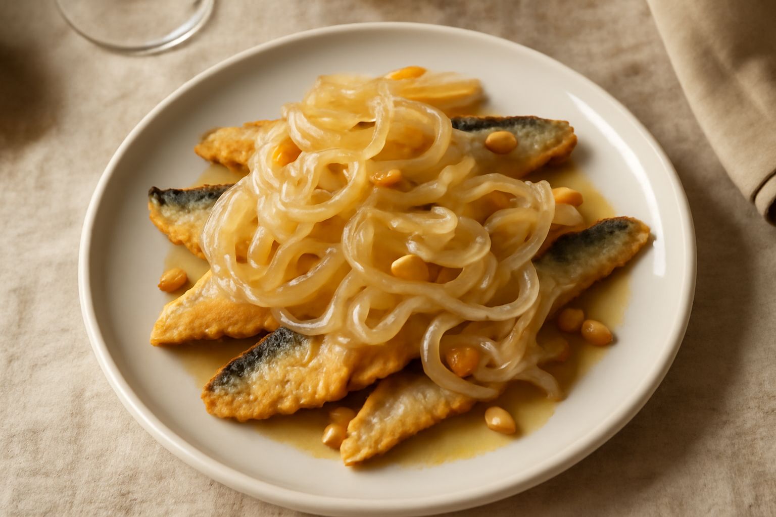 Agone in saor in un piatto bianco: filetti di pesce croccanti dorati coperti da cipolla bionda traslucida, sottili fette di acciuga salata e marinata d'aceto balsamico, con pino seme sopra