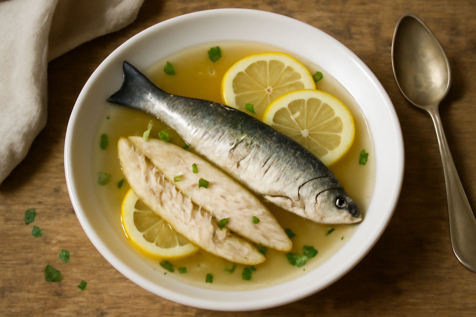 Agone lessato presentato in ciotola bianca con brodo chiaro, contornato da prezzemolo fresco tritato, fettine di limone e una cucchiaiata di olio d'oliva leggero sul fondo
