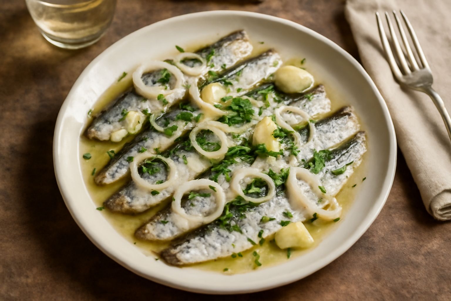 Agone intero marinato in un piatto bianco con cipolla affettata, aceto trasparente e rametti di rosmarino fresco