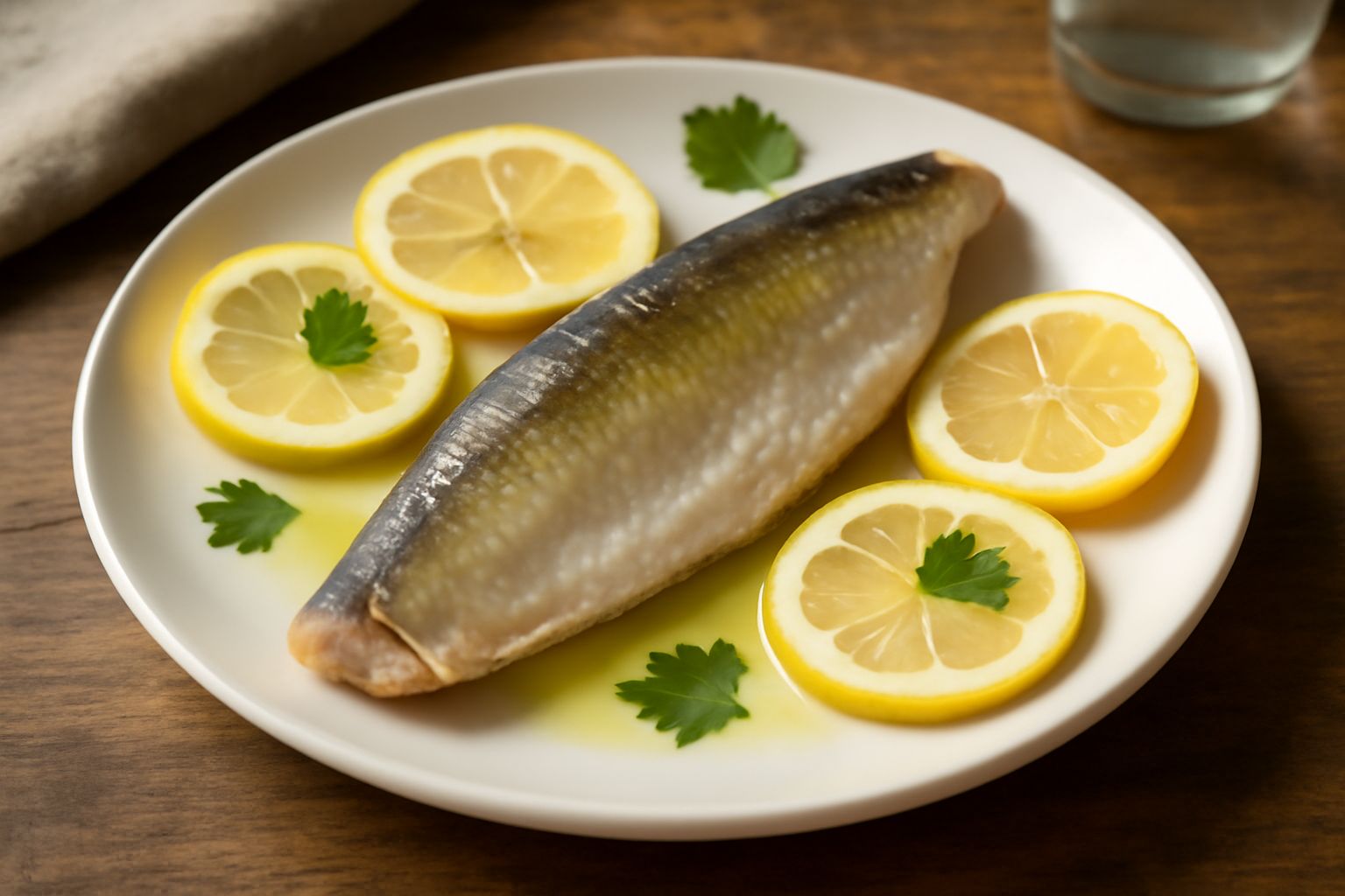 Agone salato croccante in padella con olio di oliva, in un piatto bianco, accanto a un limone tagliato a spicchi, con pane tostato sullo sfondo