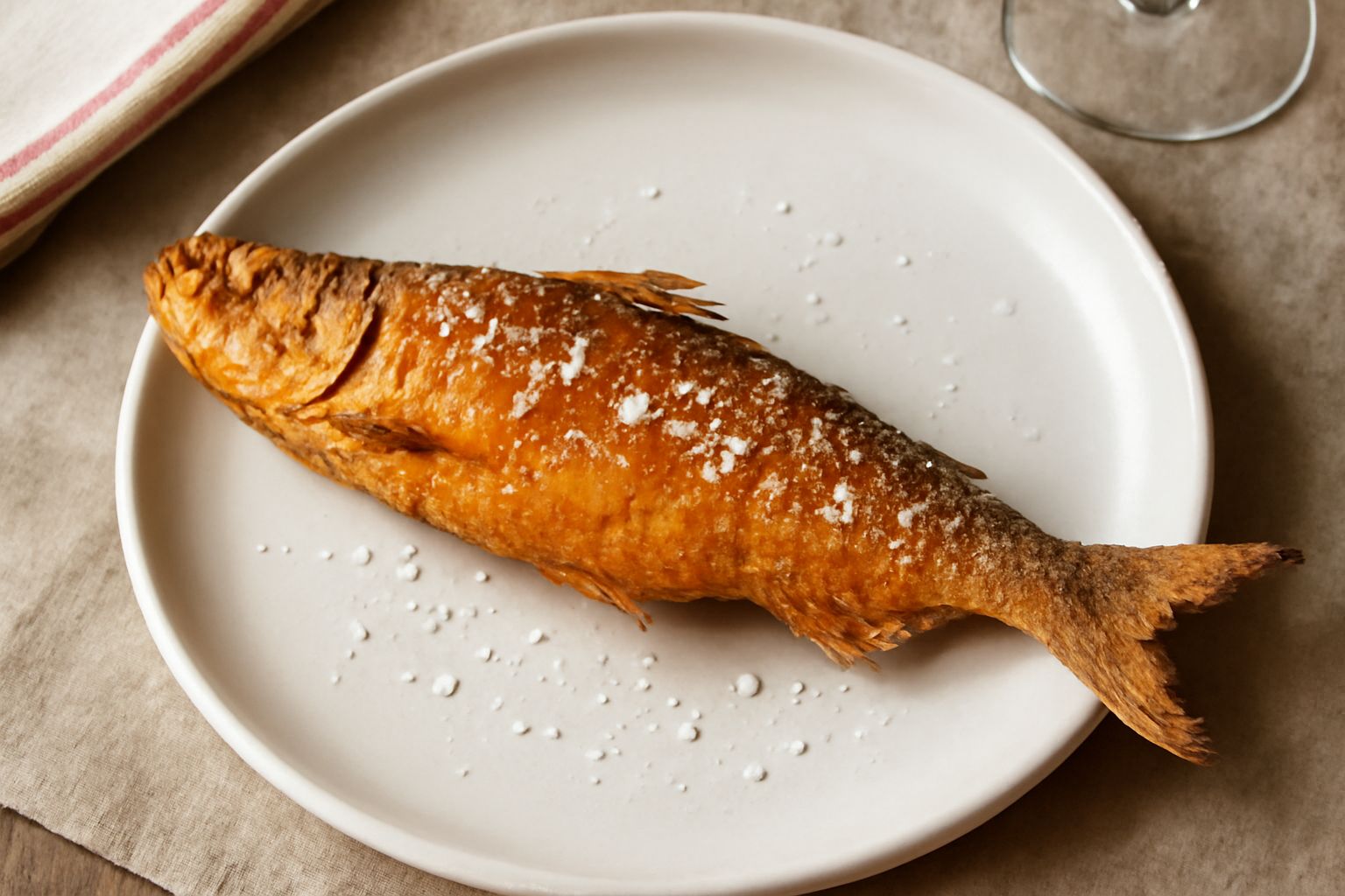 Tre agoni interi fritti color dorato su un piatto bianco, croccanti e salati, con grani di sale grosso visibili sulla pelle, accompagnati da limone fresco a spicchi