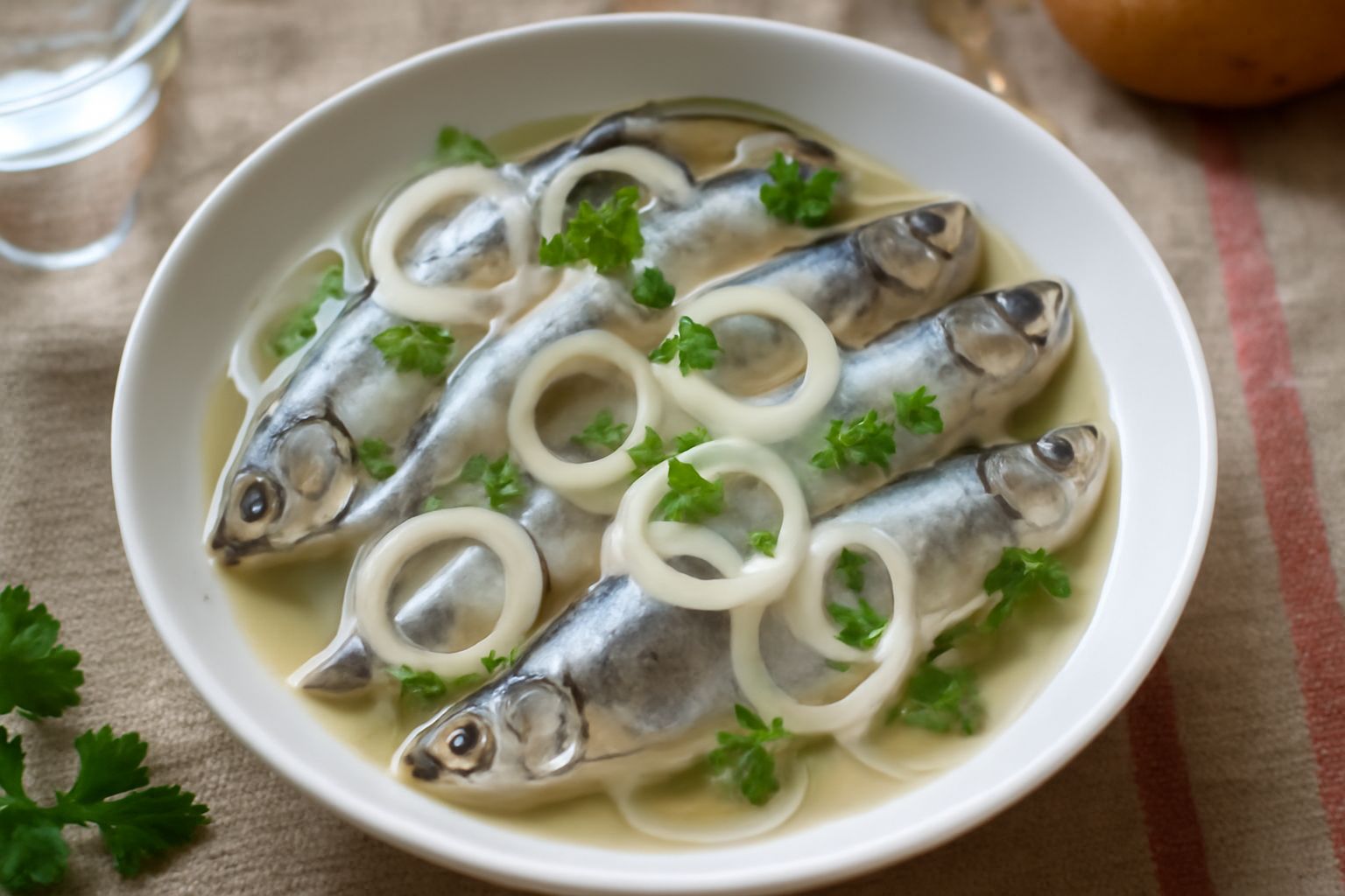 Piatto bianco con agoni marinati interi, colore argenteo con sfumature blu, immersi in liquido trasparente con fettine di limone, cipolla bianca cruda in rondelle sottili sparse sopra, qualche foglia 