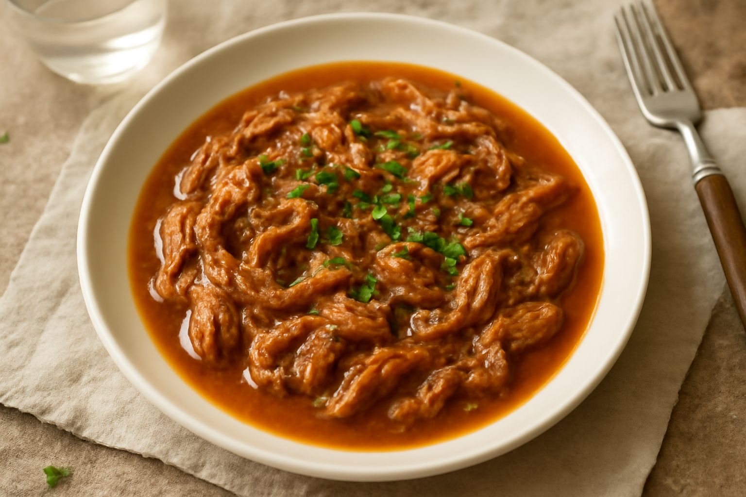 Piatto di agrestata con strisce di carne marrone dorate immerse in sugo denso color ambra, bordo dorato dalla cottura, guarnito con prezzemolo fresco verde. Contorno di pane bianco tostato ai lati del