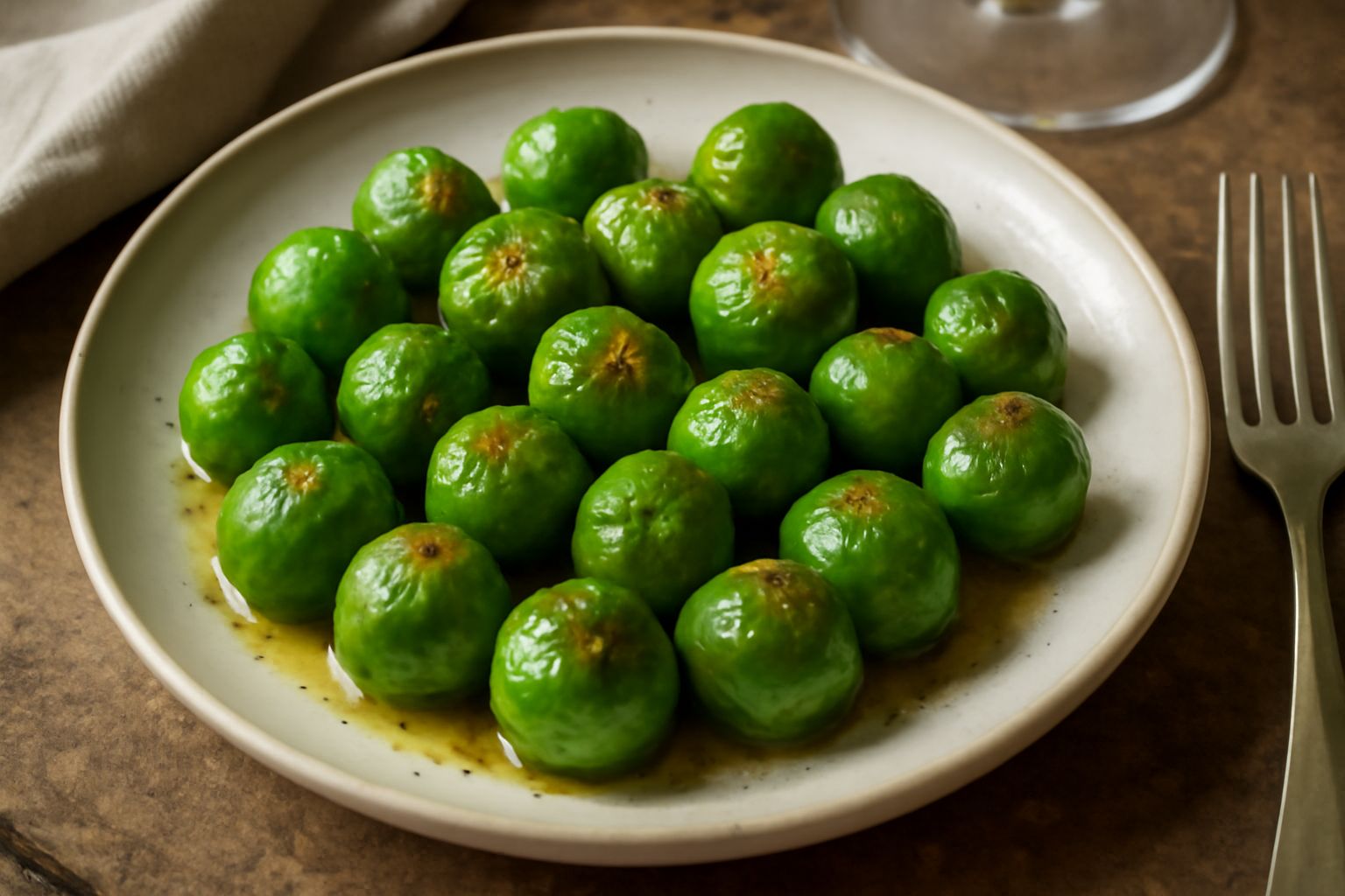 Agrestini di colore verde brillante saltati in padella, croccanti, con patina dorata ai bordi, olio d'oliva lucido, pepe nero e sale visibili sulla superficie