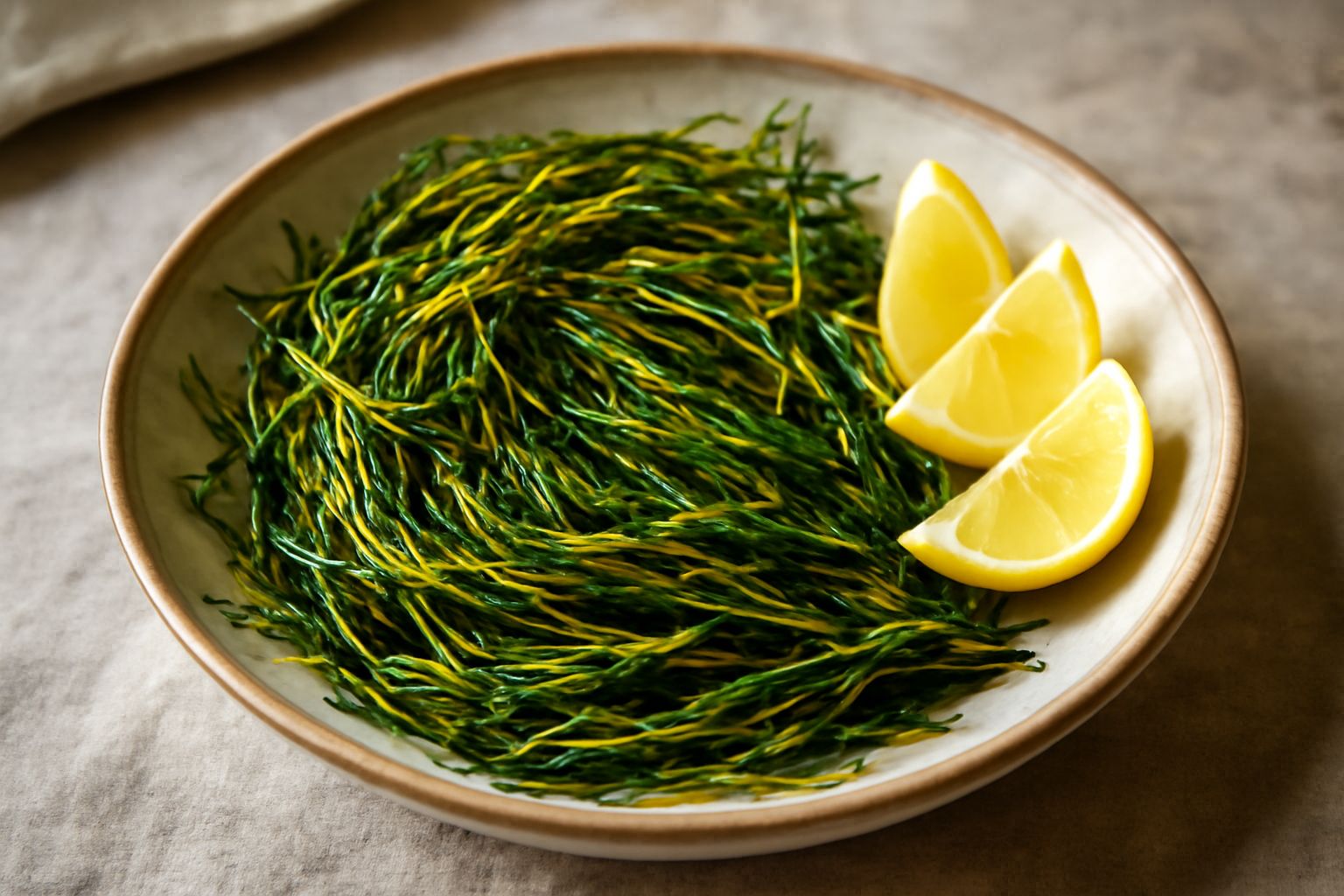 Agretti croccanti e dorati in una ciotola bianca, conditi con olio extravergine e scorza di limone grattugiata, con foglie verdi rigogliose