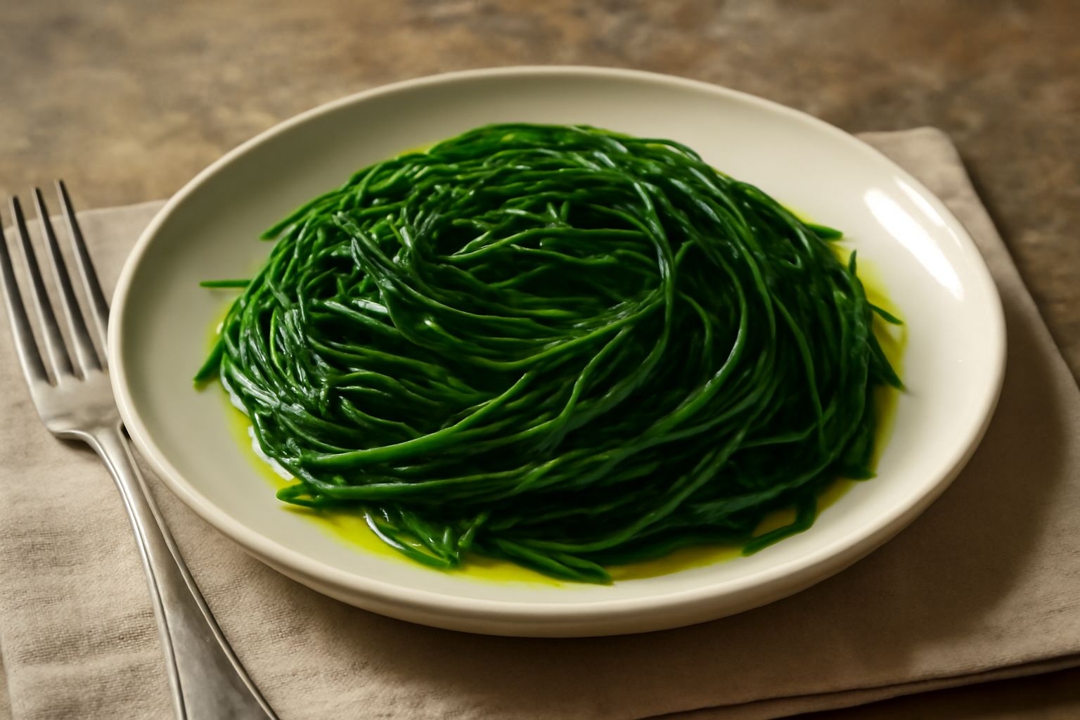 Agretti bolliti di colore verde intenso, scolati e conditi con olio extra vergine di oliva, disposti in un piatto bianco con due spicchi di limone sul bordo
