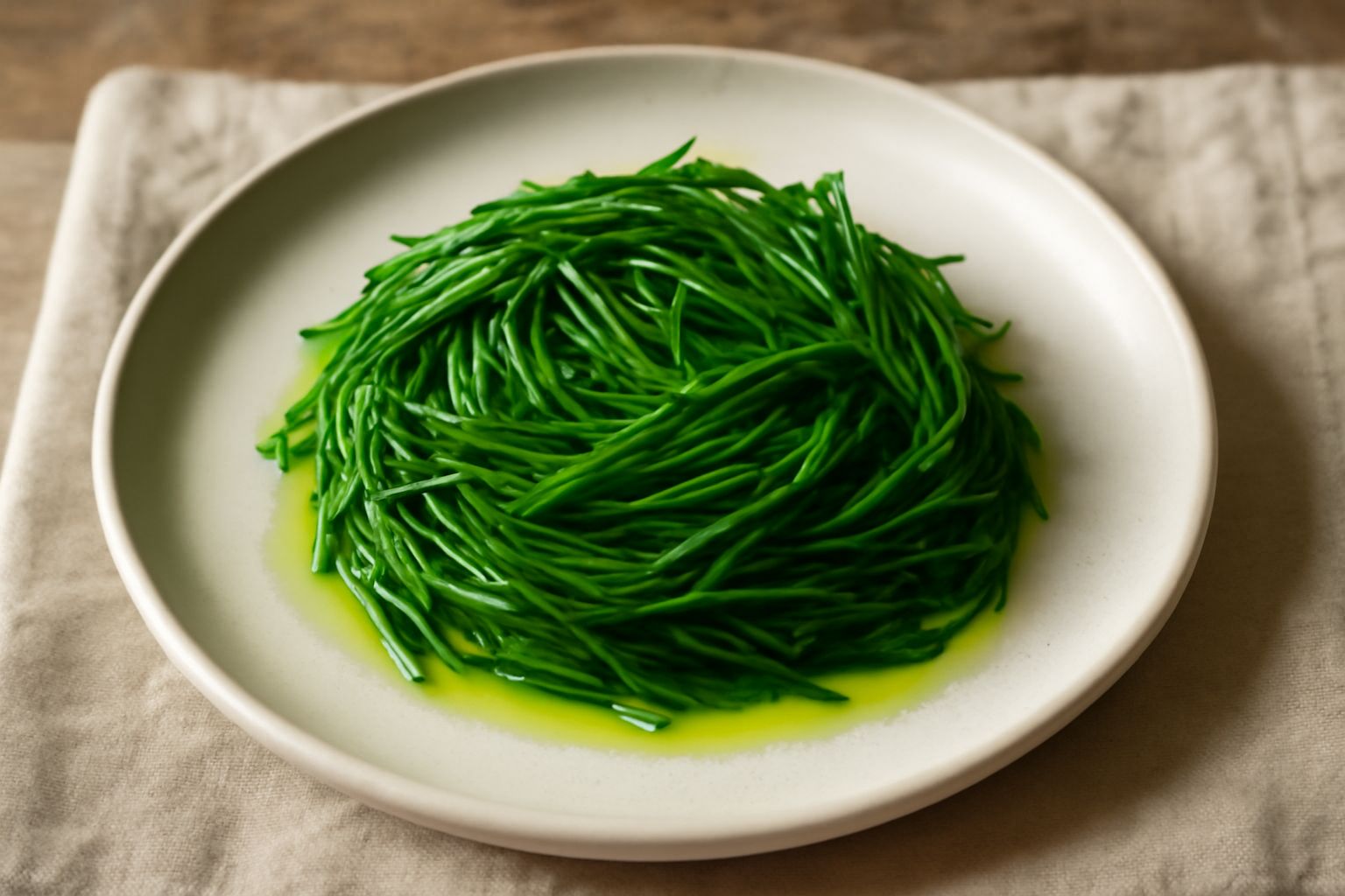 Agretti lessati verdi, ancora umidi, disposti in un piatto bianco con fettine di limone fresco e un leggero filo d'olio extravergine che brilla sulla superficie