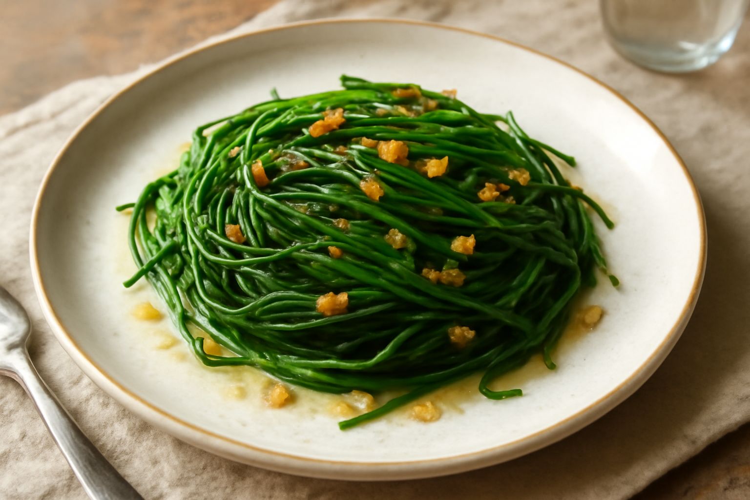 Piatto bianco con agretti saltati di colore verde brillante, leggermente dorati ai bordi, cosparsi di aglio e olio, contorno di limone fresco