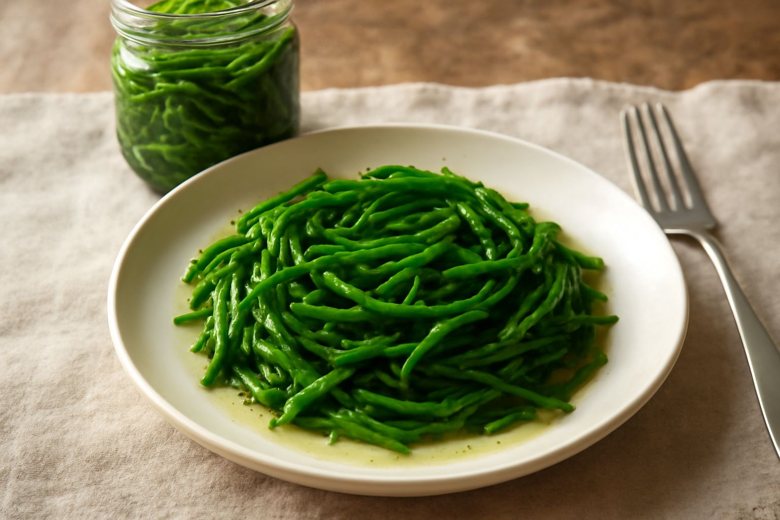 Barattoli di vetro con agretto verde brillante conservato in salamoia, con rametti di prezzemolo fresco e grani di pepe nero visibili nel liquido trasparente