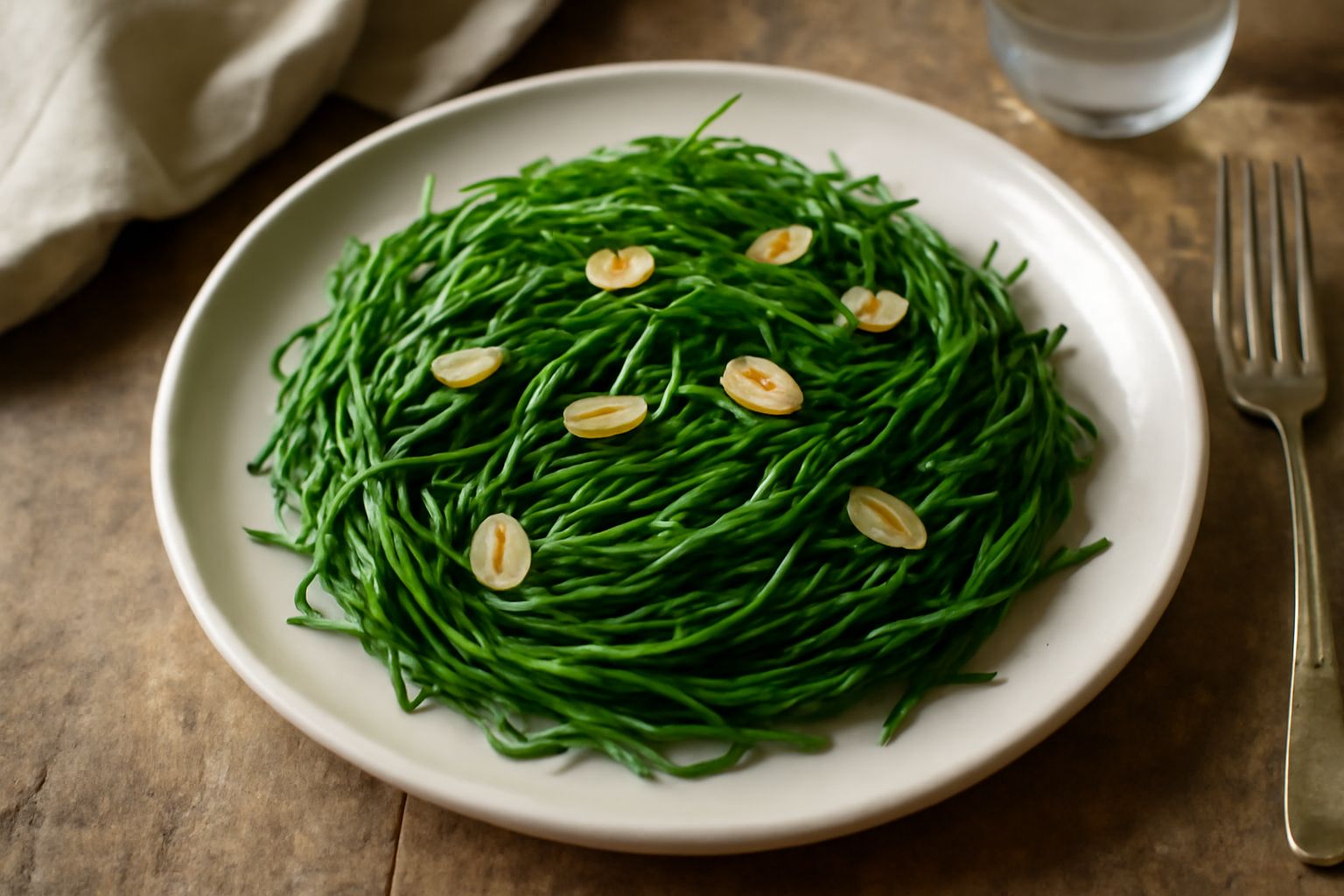 Agretto appena saltato in padella, color verde brillante con punte leggermente dorate, in un piatto bianco con gocce di olio d'oliva e spicchi di aglio crudo, contorno di limone affettato