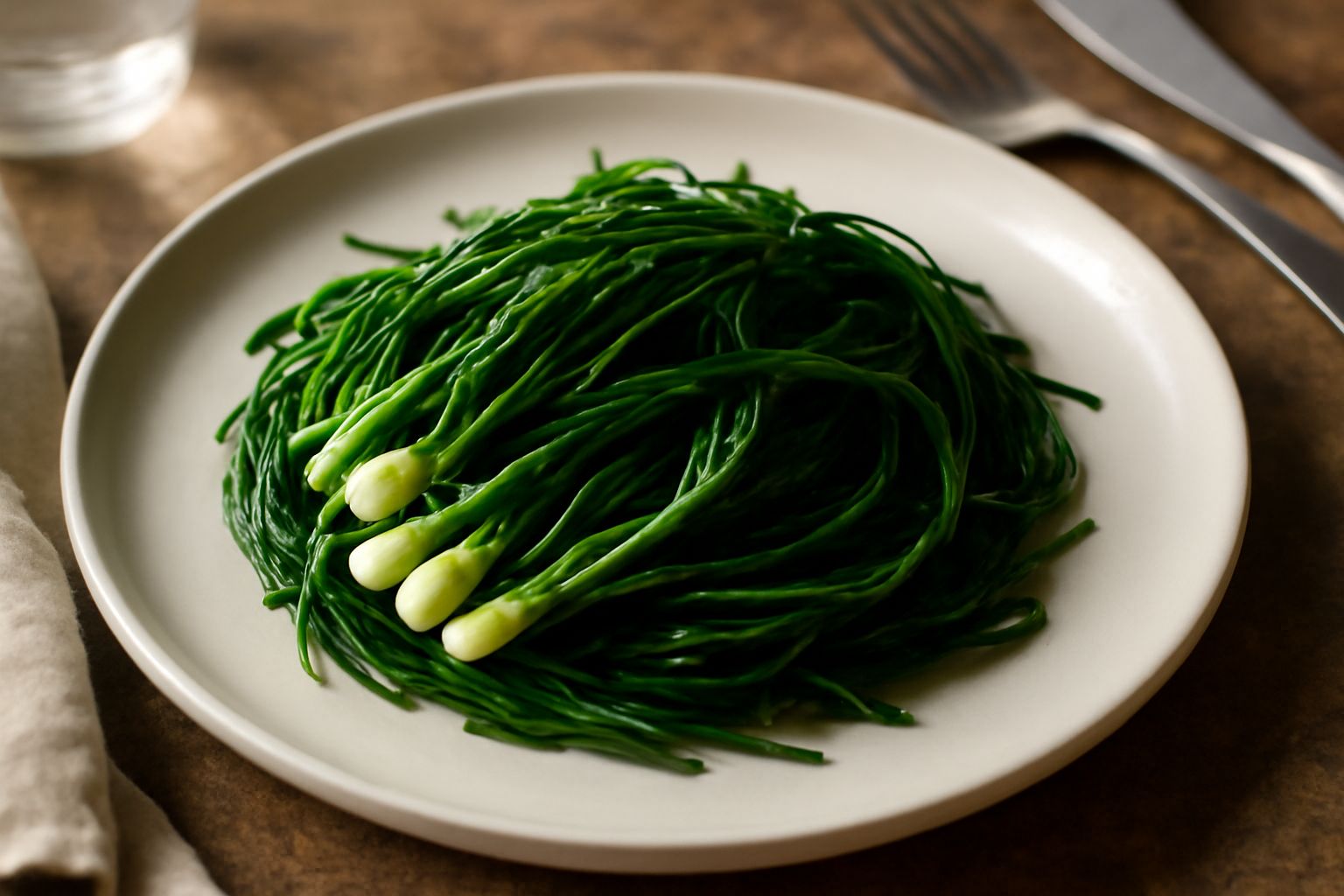 Agretto lessato disposto nel piatto bianco, fusti verdi teneri con punta chiara, olio d'oliva che brilla sulla superficie, limone e sale marino sparsi accanto