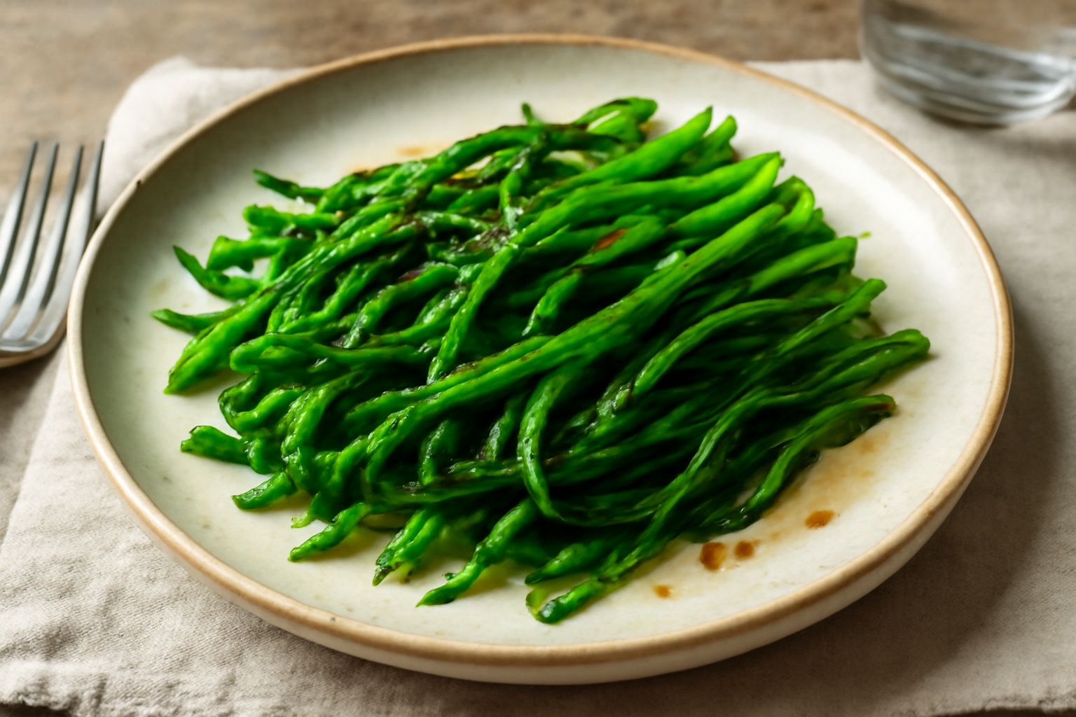 Agretto fresco e croccante saltato in padella, verde brillante con punte dorate, disposto nel piatto con fili d'olio e uno spicchio d'aglio