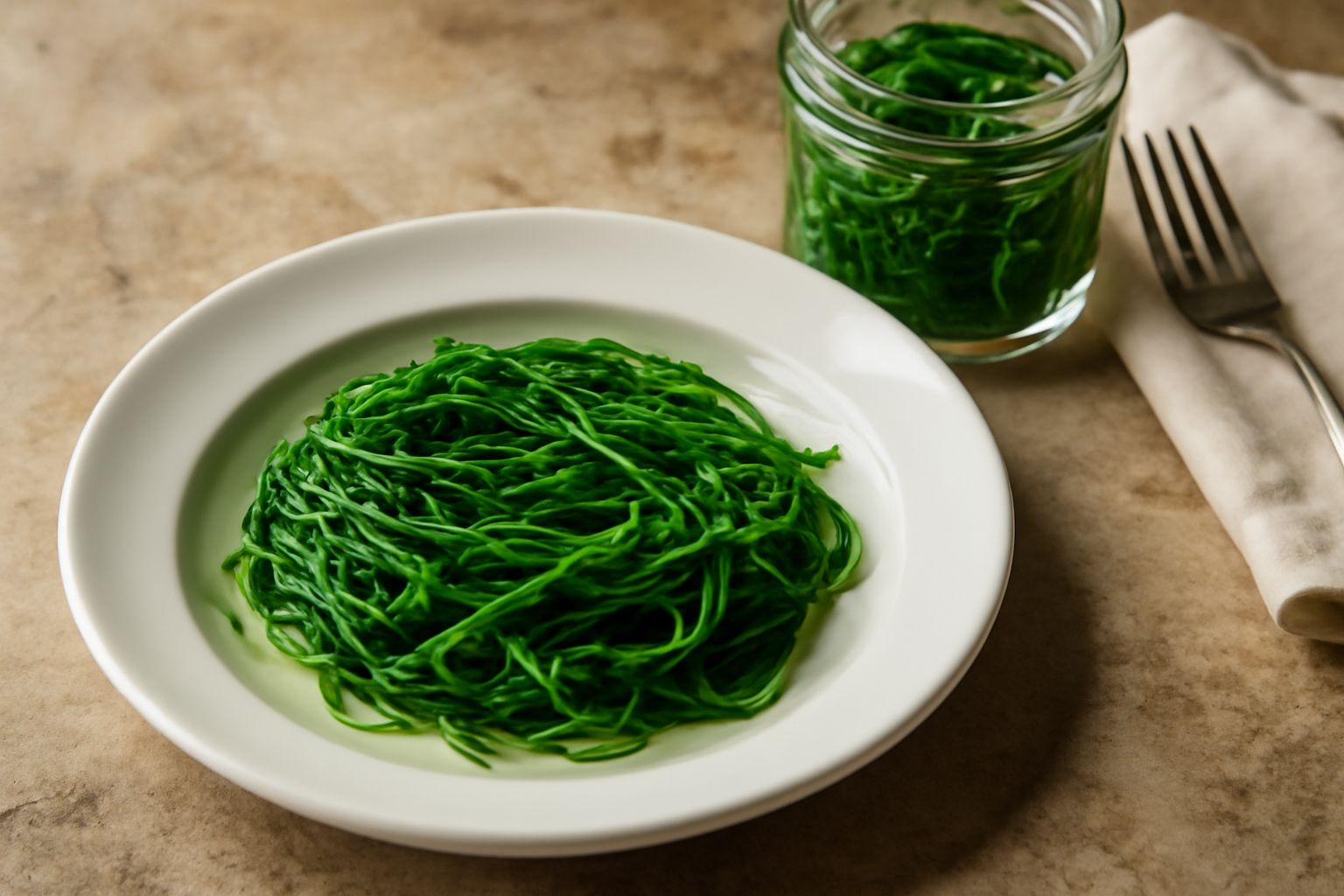 Barattoli di vetro trasparente con agretto sott'aceto, verdura verde brillante immersa in liquido chiaro e trasparente, barattoli chiusi con tappi metallici allineati su un tavolo di legno