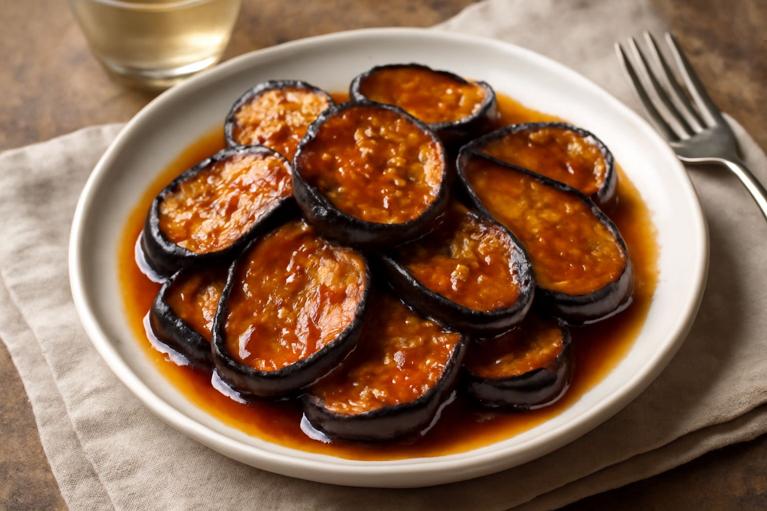 Melanzane agrodolci dorate e croccanti in un piatto bianco, ricoperte di aceto e zucchero caramellati, con foglie di menta fresca e fette sottili di melanzana viola scuro visibili