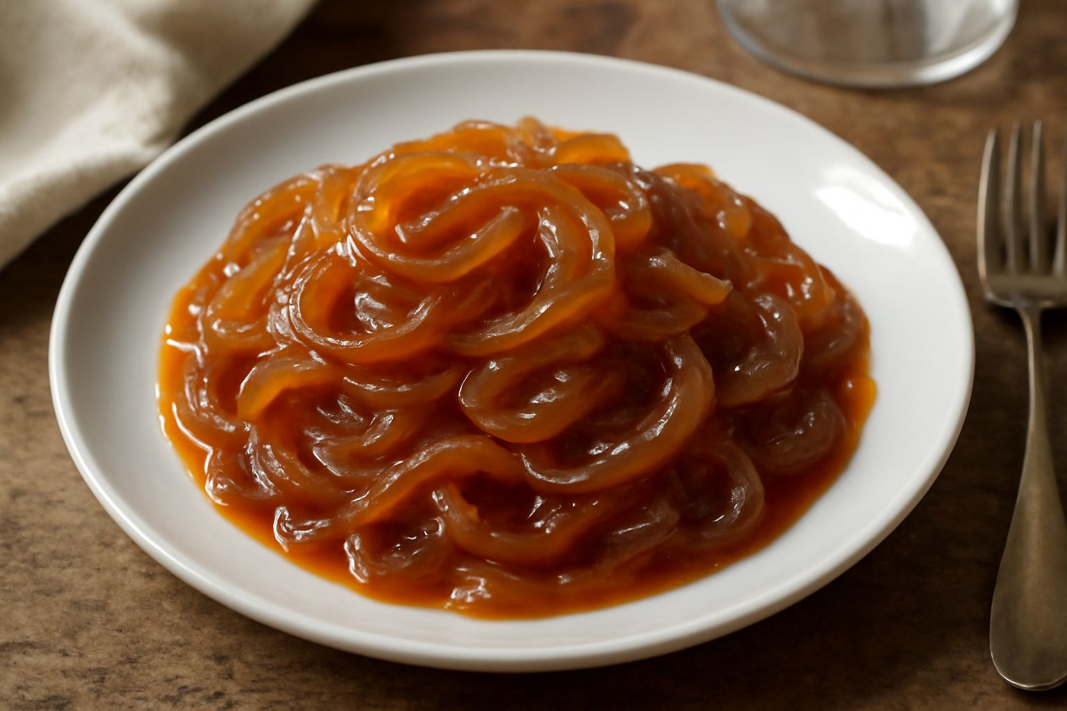 Agrodolce di cipolla in ciotola bianca: cipolle trasparenti color ambra lucente, laccate dal caramello, con gocce d'aceto visibile e guarnizione di timo fresco su sfondo bianco