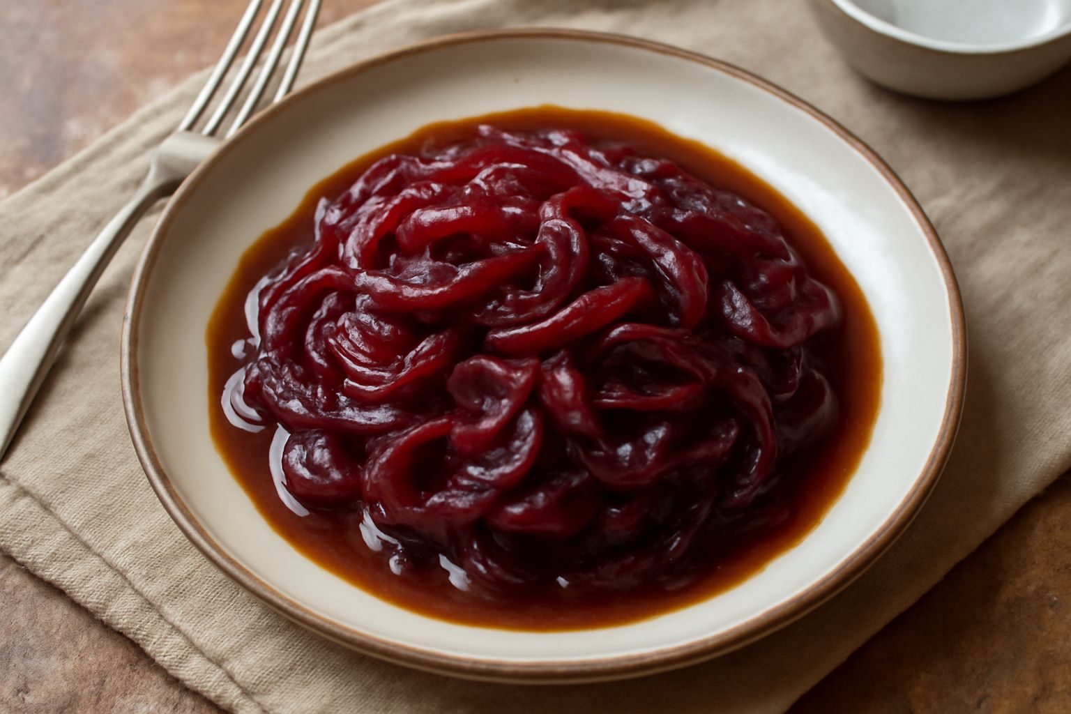 Agrodolce di cipolla rossa in una ciotola bianca, cipolle rosse traslucide e lucide, di colore rosso scuro brillante, con riduzione densa e brillante di aceto, guarnito con un rametto di timo fresco