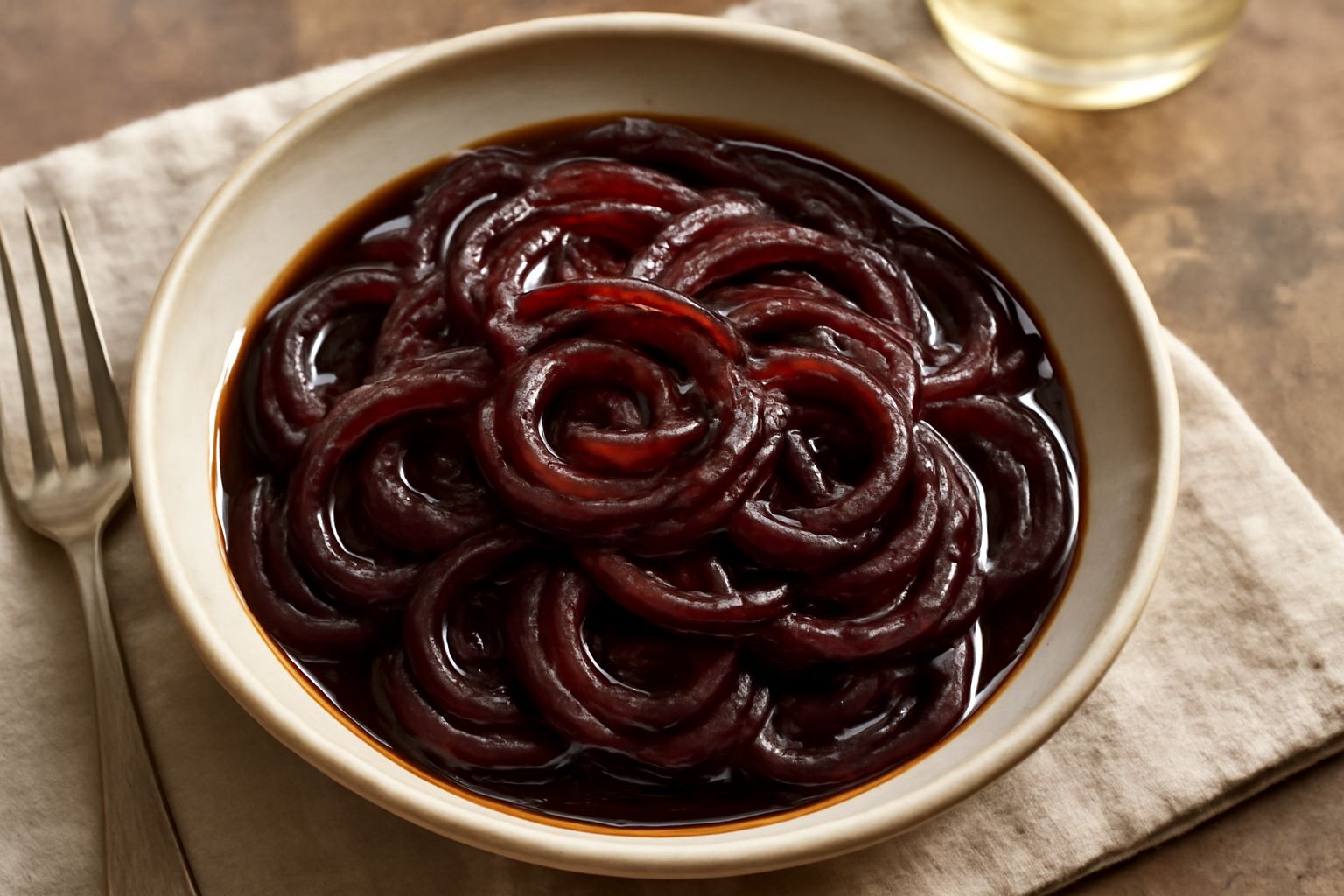 Cipolle rosse tagliate in anelli ampi, brillanti e scure, in una ciotola bianca. La superficie lucida riflette la glassa agrodolce. Intorno qualche goccia di aceto balsamico.