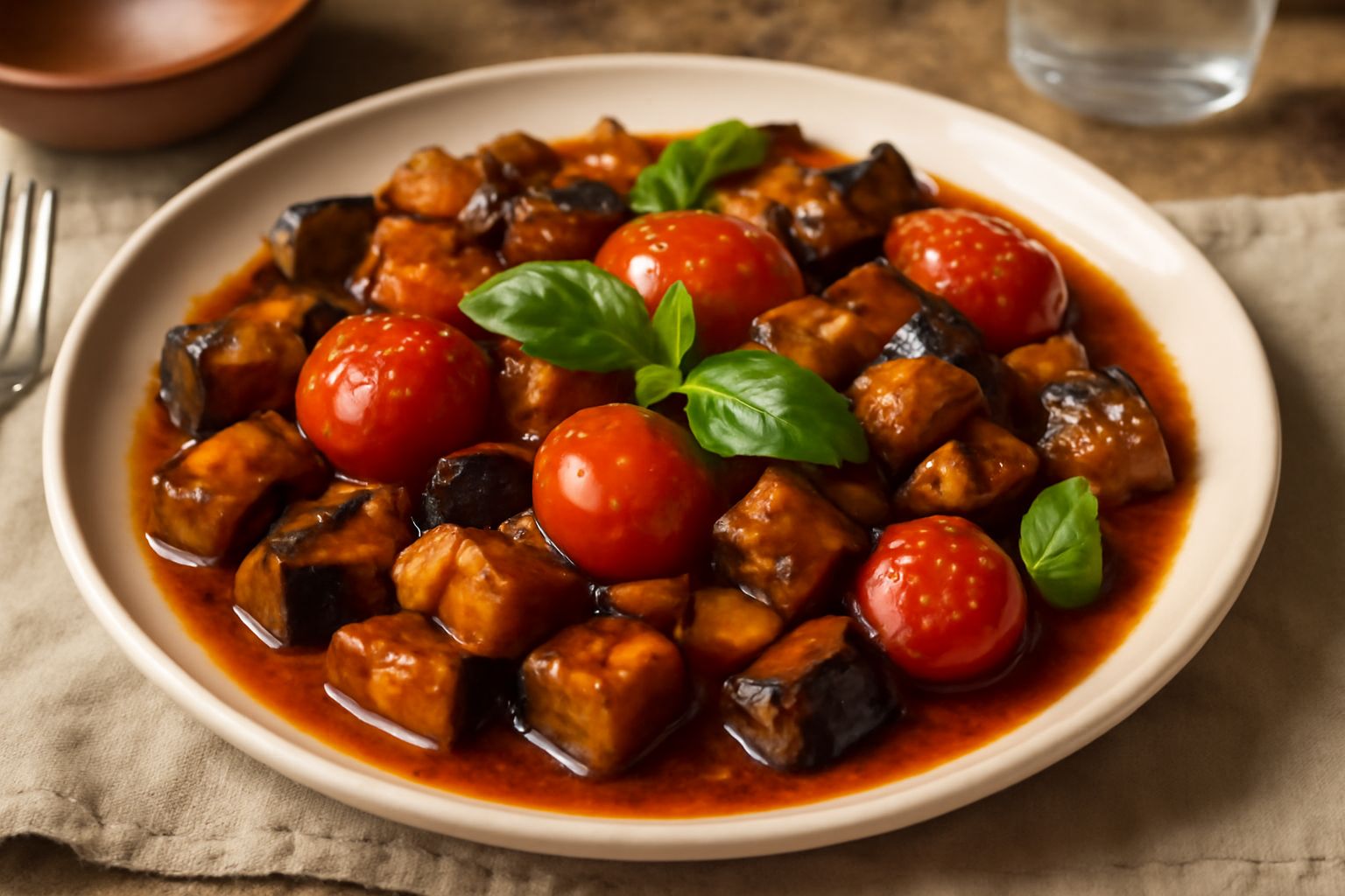 Agrodolce di melanzane e pomodori in piatto bianco: cubetti di melanzana scura e pomodori rossi brillanti ricoperti di salsa agrodolce, con spicchi d'aglio dorato e foglie di basilico fresco in superf
