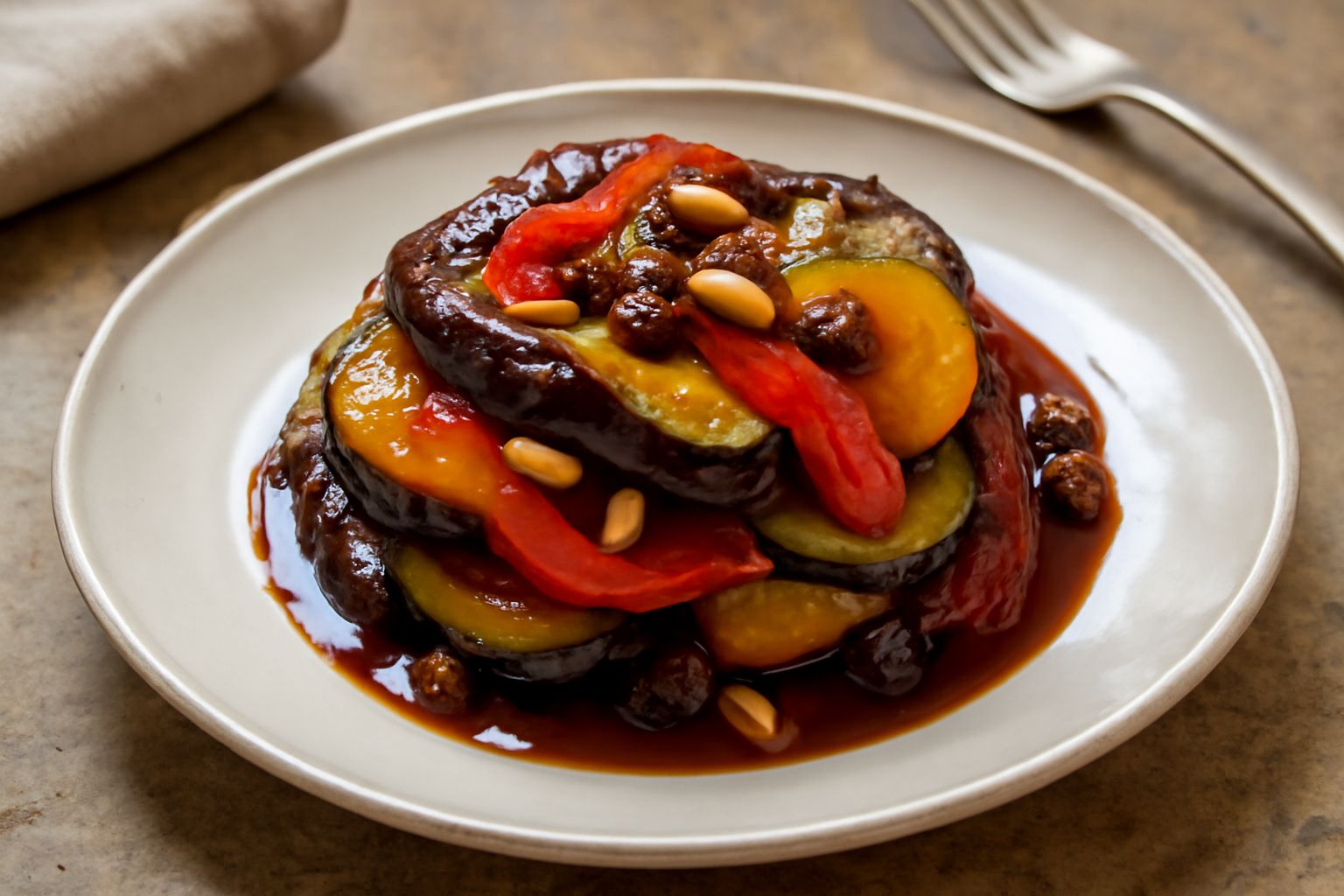 Agrodolce di verdure in piatto bianco: fette di melanzane viola, peperoni rossi e gialli, zucchine verdi coperte da salsa marrone lucida con uvetta, cipolla e aceto visibile sulla superficie