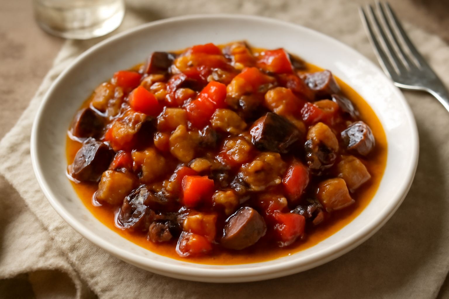 Agrodolce siciliana in una ciotola bianca: melanzane scure tagliate a pezzi, peperoni gialli e rossi, uvetta marrone e pinoli dorati, bagnate da un liquido trasparente leggermente denso con aceto
