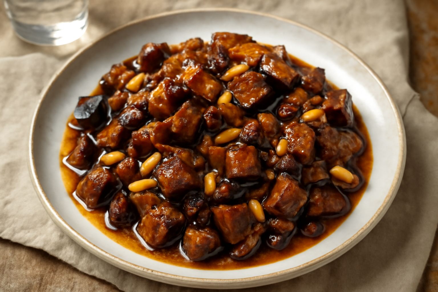Piatto di agrodolce siciliano con melanzane melanzane dorate e morbide, uvetta scura, pinoli tostati, salsa lucida color marrone ambrato, cipolla trasparente, presentato in piatto bianco su tavolo di 