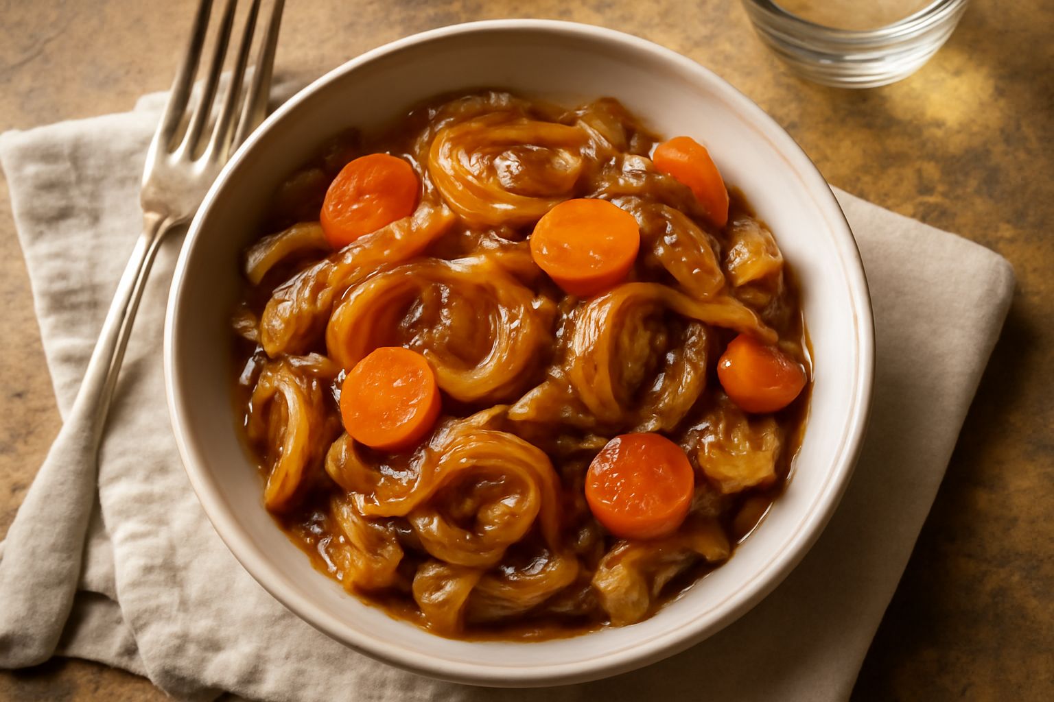 Agrodolce veronese in ciotola di ceramica bianca: verdure caramellate color oro e marrone scuro, cipolle lucide e trasparenti, carote tagliate a rondelle, sedano in pezzi, salsa marrone lucida che ric