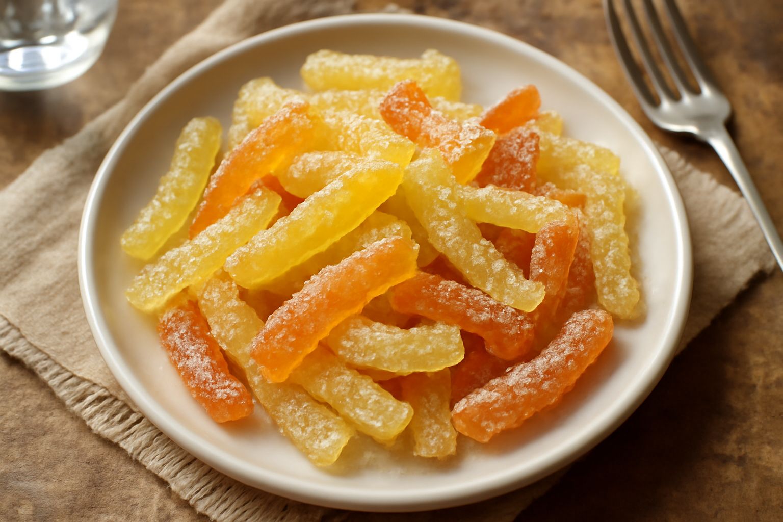 Agrumi canditi caramellati di vari colori (giallo, arancio, rosa) disposti in ordine su una superficie bianca, ricoperti di zucchero cristallizzato e brillante, con alcuni spicchi dimezzati a mostrare