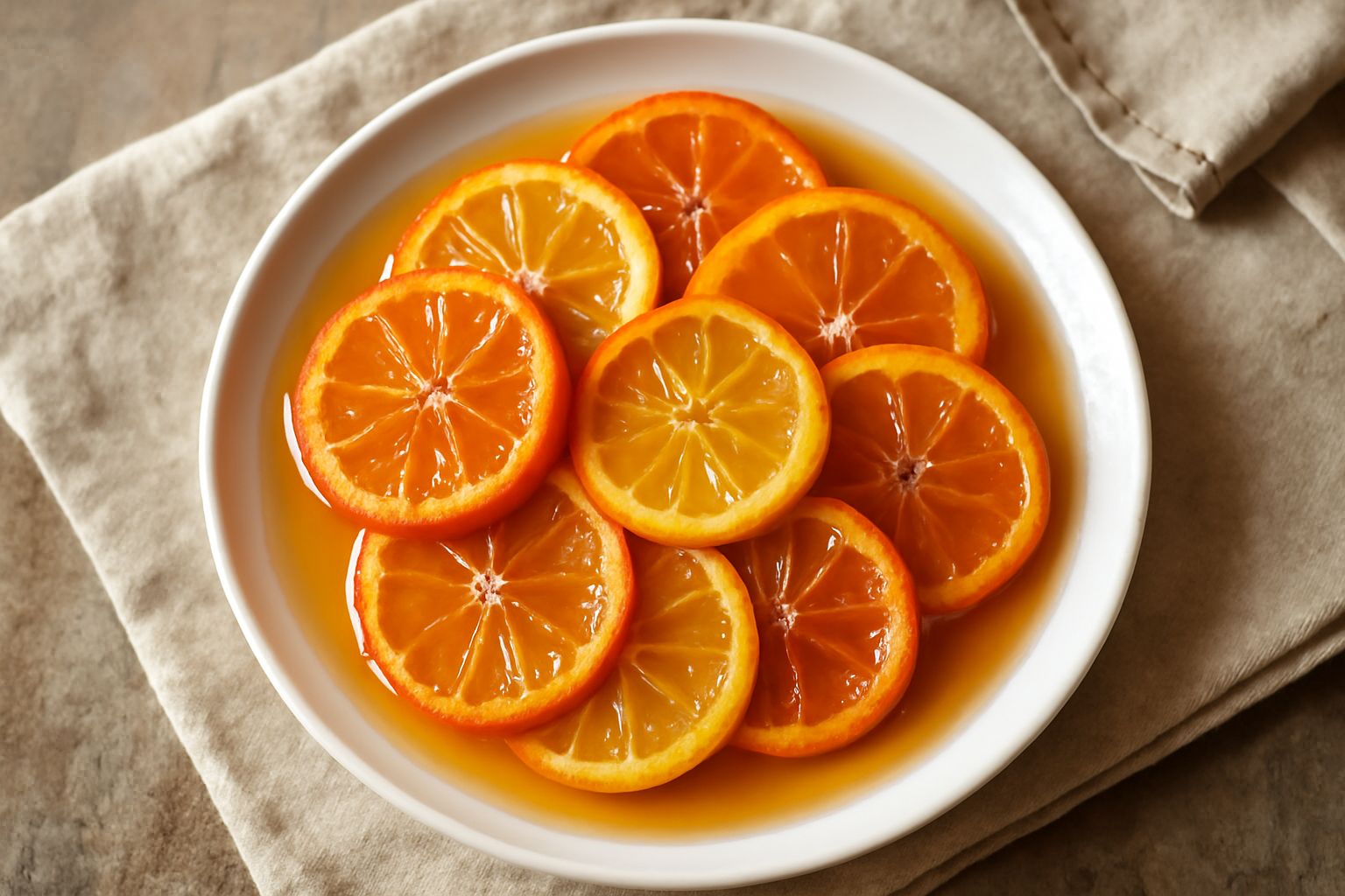 Fette di agrumi canditi in sciroppo trasparente dentro un vasetto di vetro: arance arancioni brillanti, limoni gialli luminosi, mandarini rossicci. Sciroppo chiaro intorno alla frutta, luce che attrav