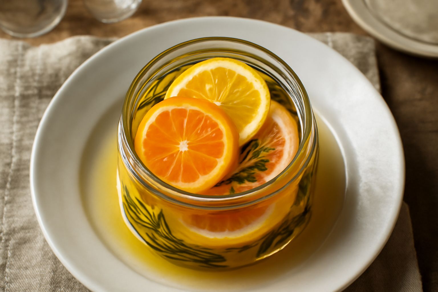 Vasetto di vetro con fette trasparenti di agrumi gialli e arancioni immerse in olio trasparente dorato, con erbe aromatiche visibili fra le fette, su fondo bianco
