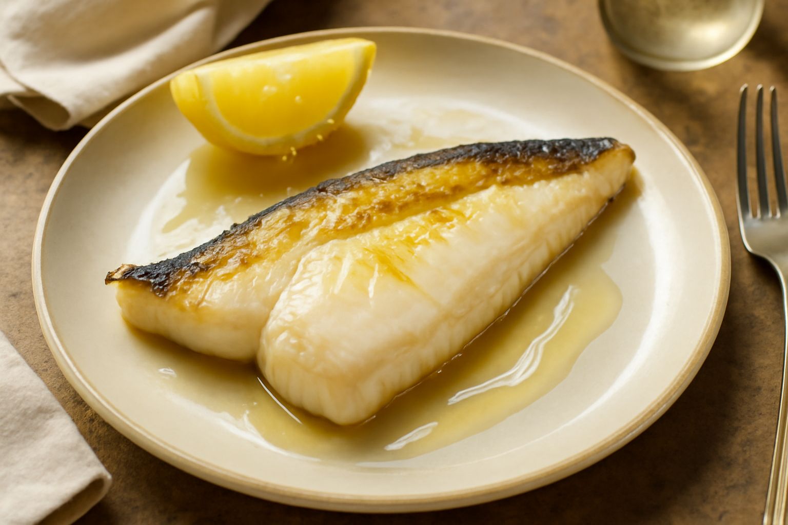 Filetti di aguzzo dorati e croccanti sulla piastra grigia, con limone fresco tagliato a spicchi, olio lucido sul pesce, erbe aromatiche sparse, piatto bianco sullo sfondo