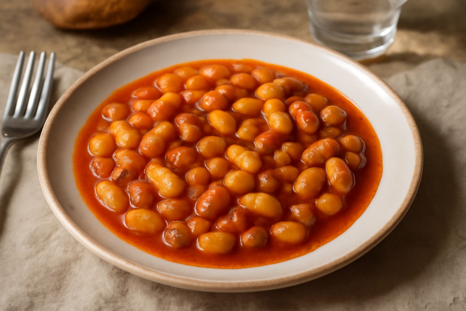 Piatto di terracotta con fagioli occhio di bue bianchi e marroni in umido rosso di pomodoro, spicchi di aglio visibili, olio d'oliva che brilla in superficie, contorno di pane tostato