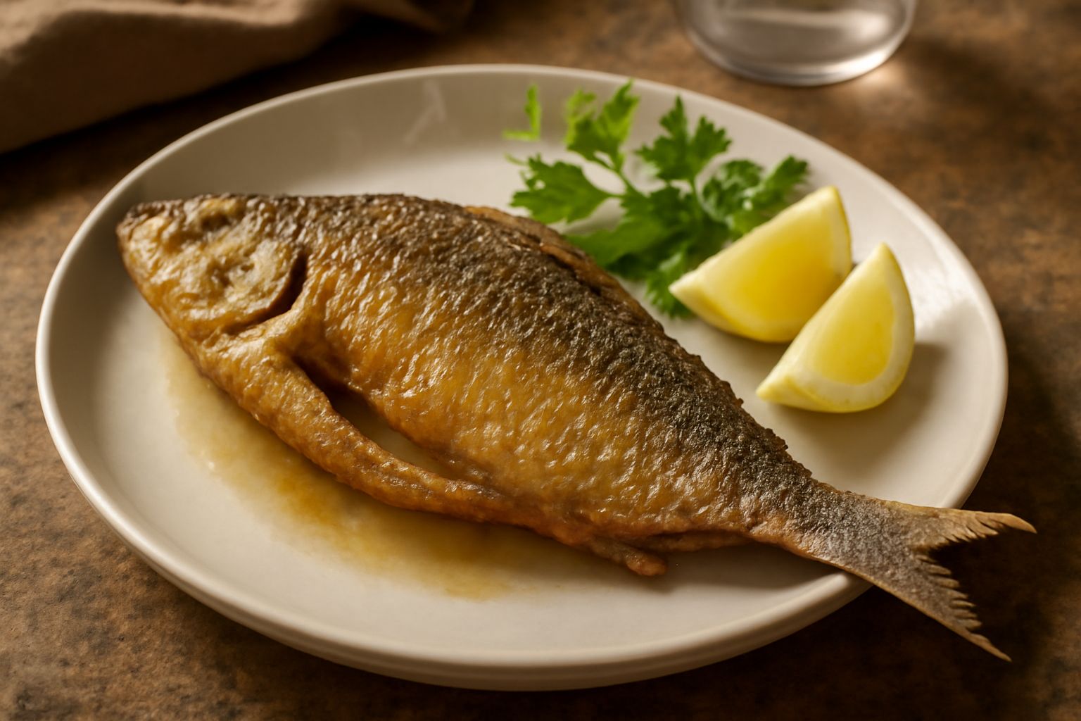 Alacce fritte dorate e croccanti disposte su carta assorbente bianca, con spicchi di limone giallo, su un piatto bianco