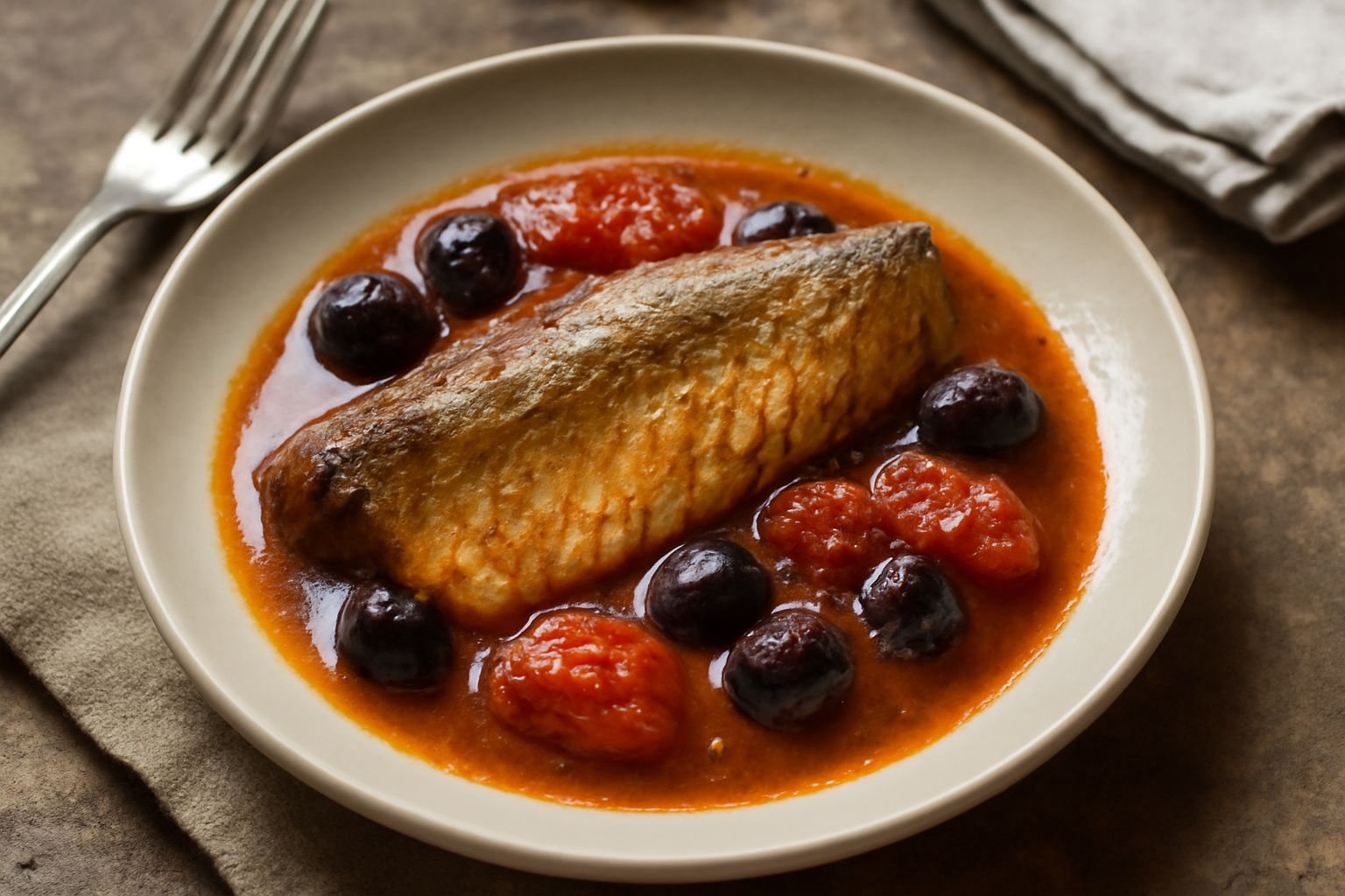 Alacce intere cotte in umido in una ciotola di terracotta, immerse in un sugo rosso con pomodori, olive nere e aromi, circondate da prezzemolo fresco