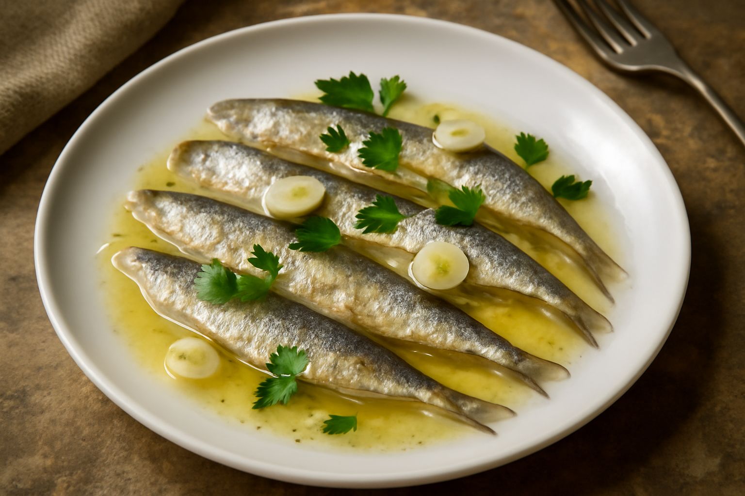 Filetti di alaccia dorati e trasparenti su piatto bianco, ricoperti di marinata, aglio affettato, prezzemolo fresco e fettine di limone