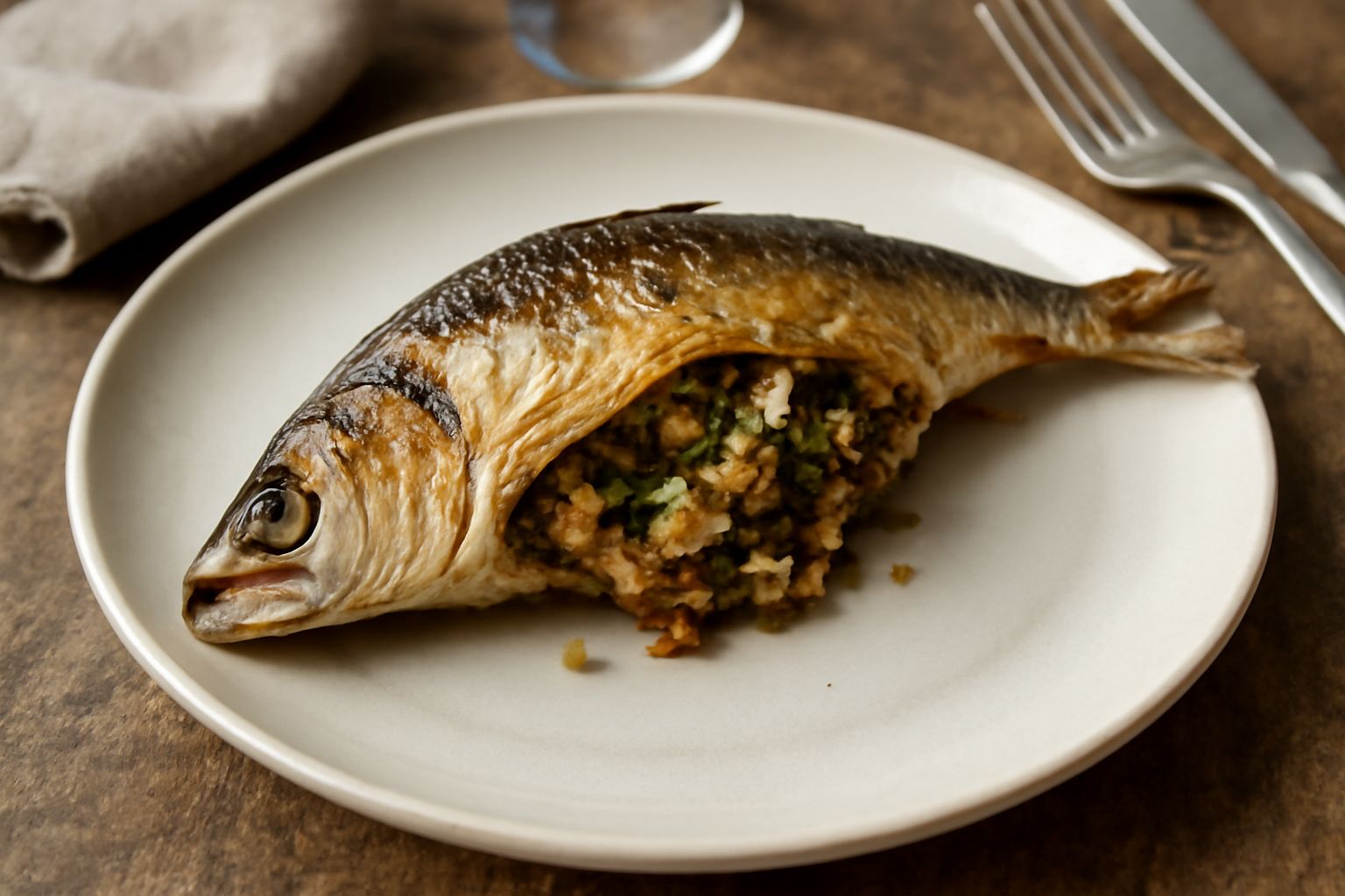 Tre alacie ripiene dorate in una pirofila di ceramica bianca, circondate da fette di limone giallo, erba cipollina fresca e un filo d'olio d'oliva sui bordi del piatto