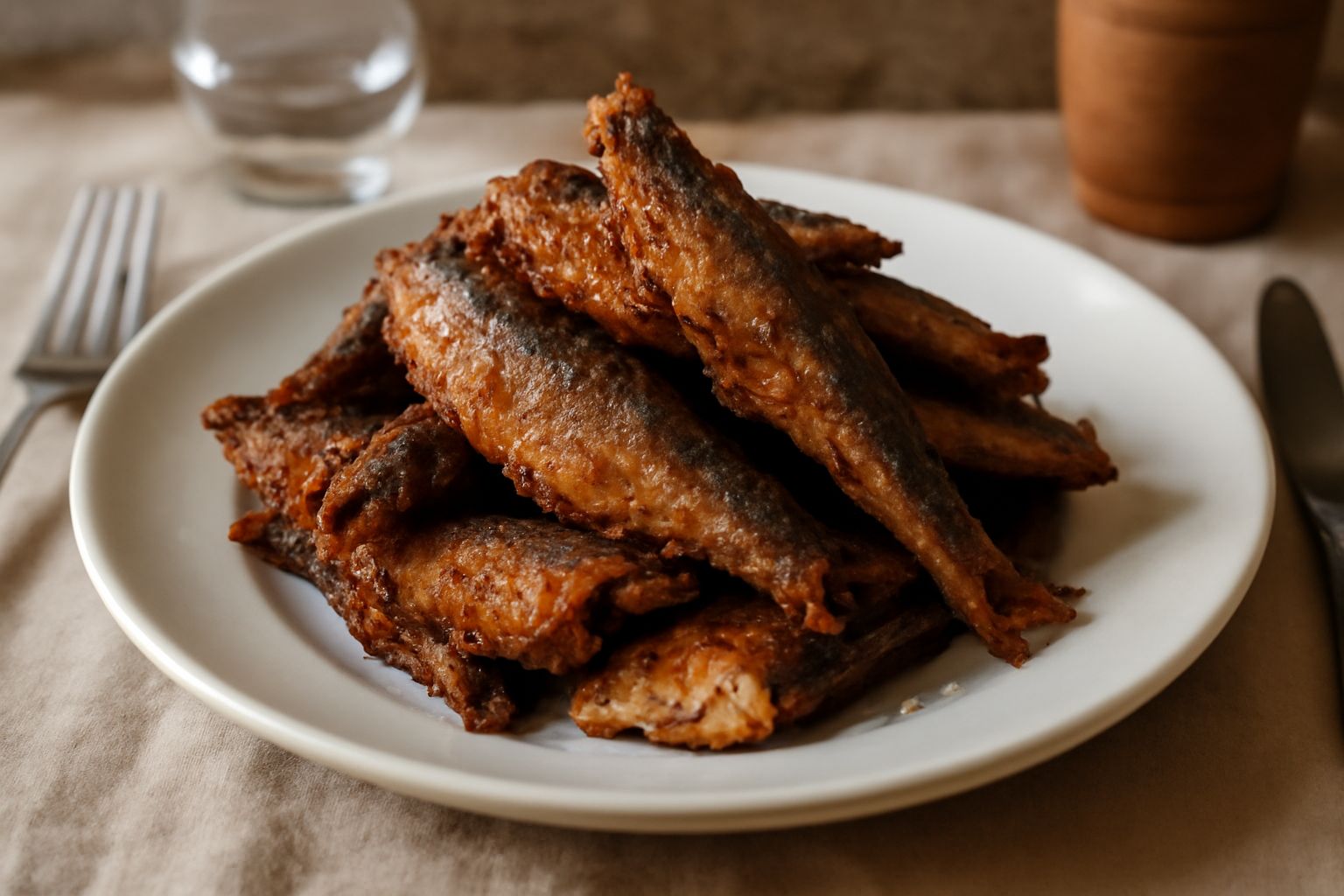 Alaccie fritte dorate e croccanti disposte su un piatto bianco, cosparse di sale marino grosso e accompagnate da limone affettato, con sfondo di lino naturale