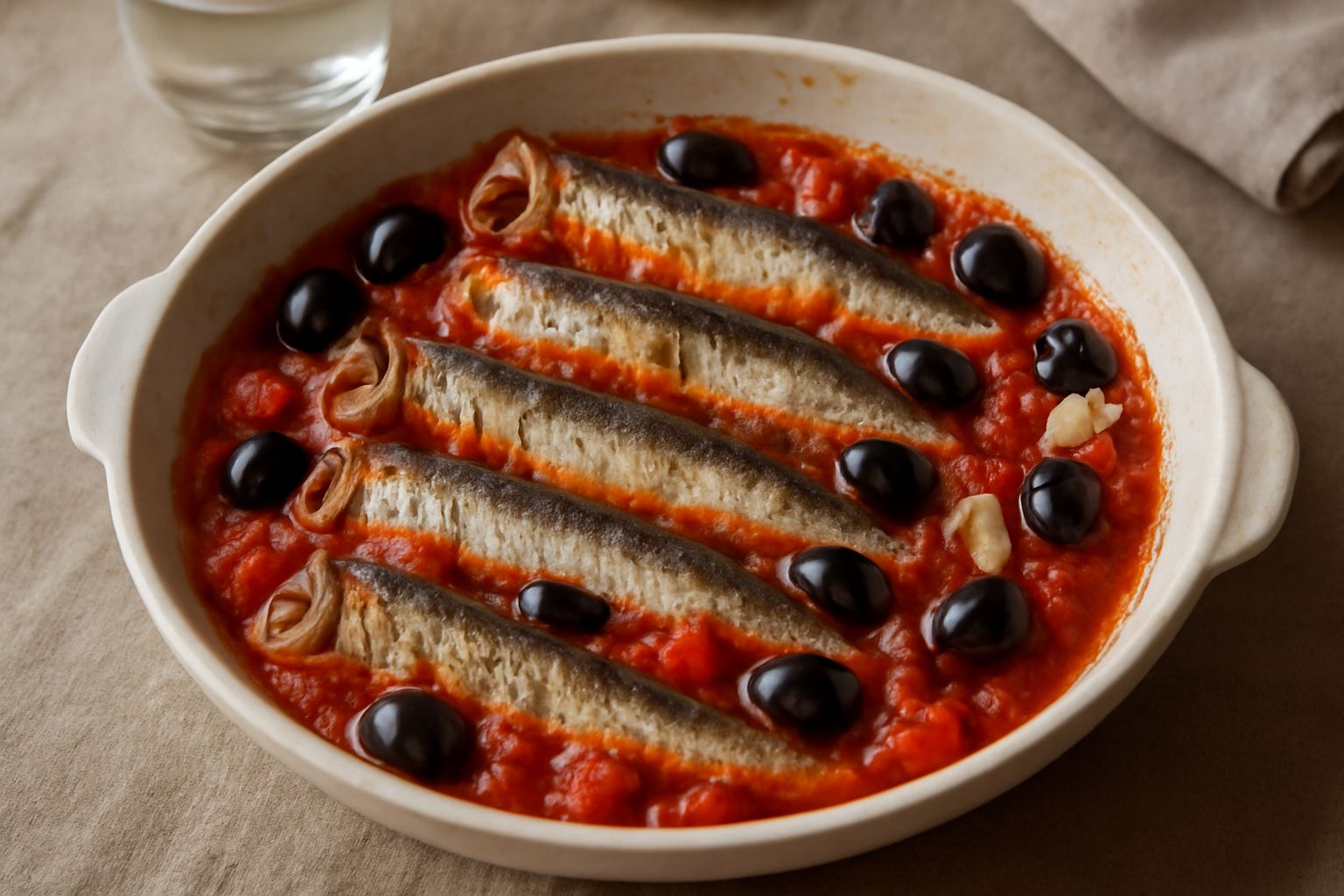 Tortiera in ceramica bianca con alaccie intere circondate da pomodori rossi, olive nere e prezzemolo fresco, olio dorato che brilla in superficie