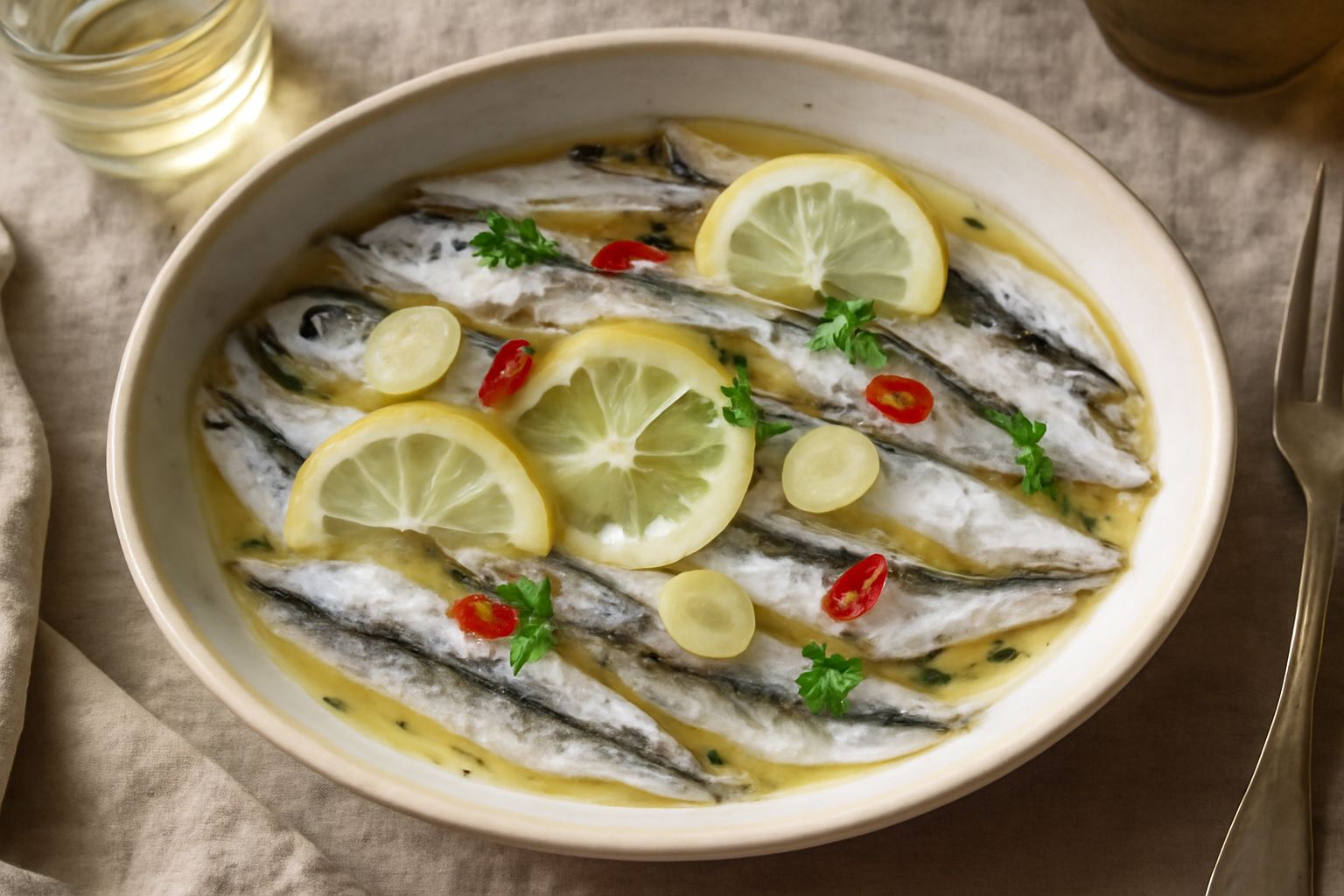 Alaccie marinate nel piatto bianco, filetti d'argento lucido in marinata di aceto trasparente con fettine sottili di limone, aglio e peperoncino rosso sparsi in superficie, contorno di prezzemolo fres