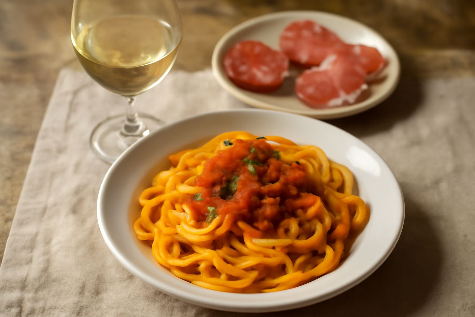 Bicchiere di vino bianco Albana di Romagna dal colore giallo paglierino brillante, servito in calice trasparente su tavolo di legno con piatto di cappelletti e piadina romagnola