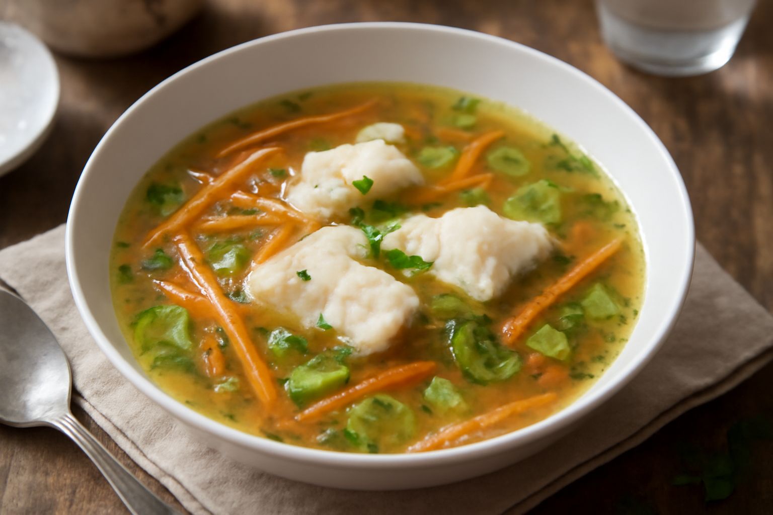 Ciotola di brodo trasparente con filetto di albano bianco, vegetali affettati e erbe aromatiche fresche in primo piano, piatto bianco su tavolo di legno
