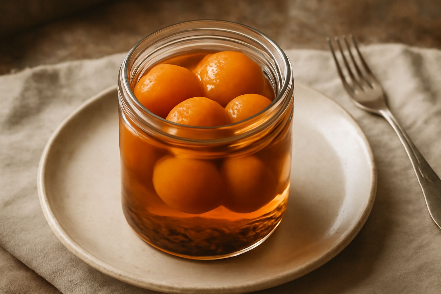 Barattolo di vetro trasparente con albicocche intere giallo-arancio immerse in liquido chiaro, bacche di ginepro visibili, spezie secche sparse sul ripiano di legno accanto