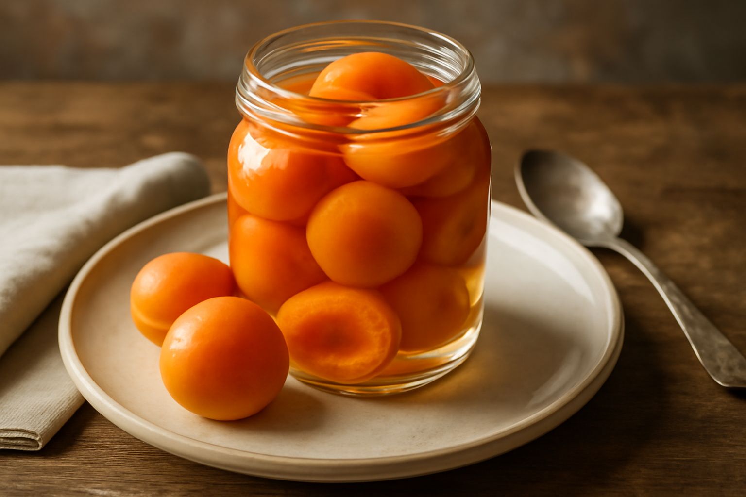 Vasetto di vetro con albicocche intere giallo-arancione immerse in sciroppo trasparente, accanto albicocche fresche intere e tagliate a metà, su un tavolo bianco con una cucchiaio di legno