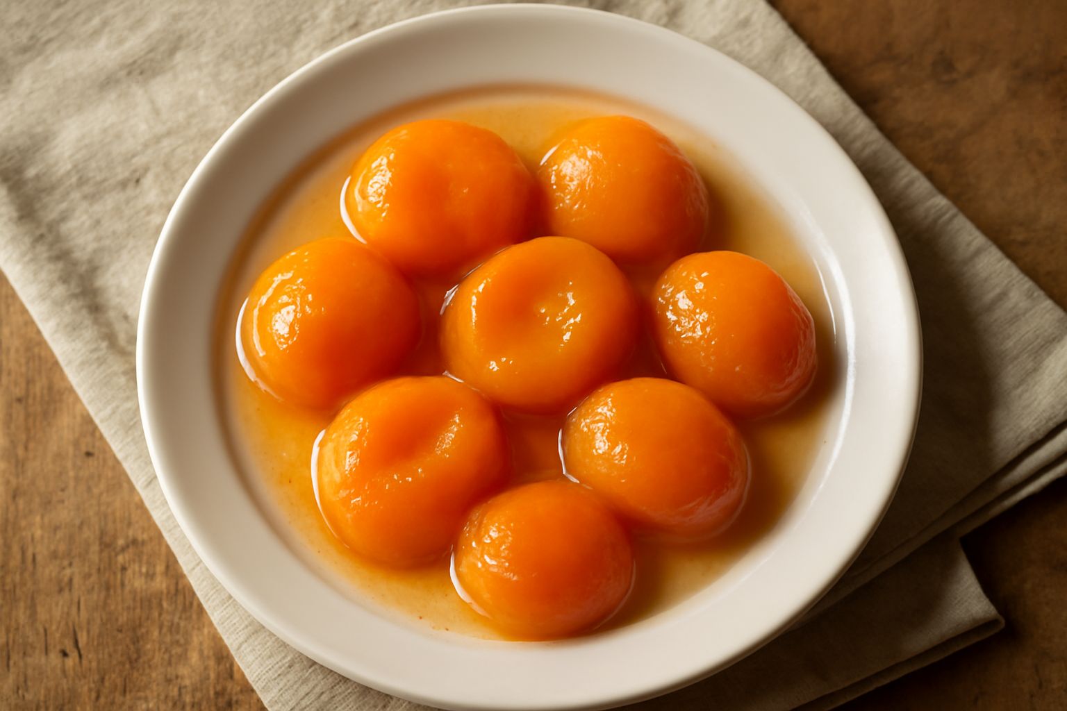 Barattolo di vetro con albicocche sciroppate color arancio ambrato immerse in sciroppo trasparente, con fetta di limone galleggiante, su sfondo bianco con foglia di menta