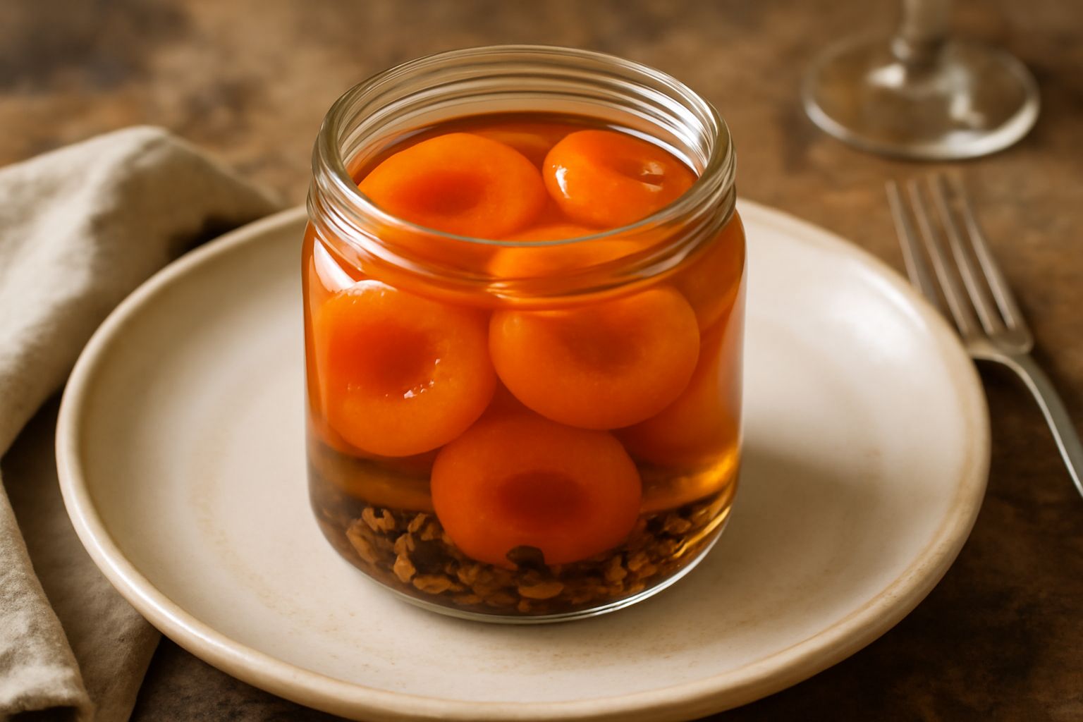 Barattolo di vetro trasparente con albicocche tagliate a metà giallo-arancio immerse in liquido trasparente con chiodi di garofano visibili, spezie e rametti di rosmarino intorno