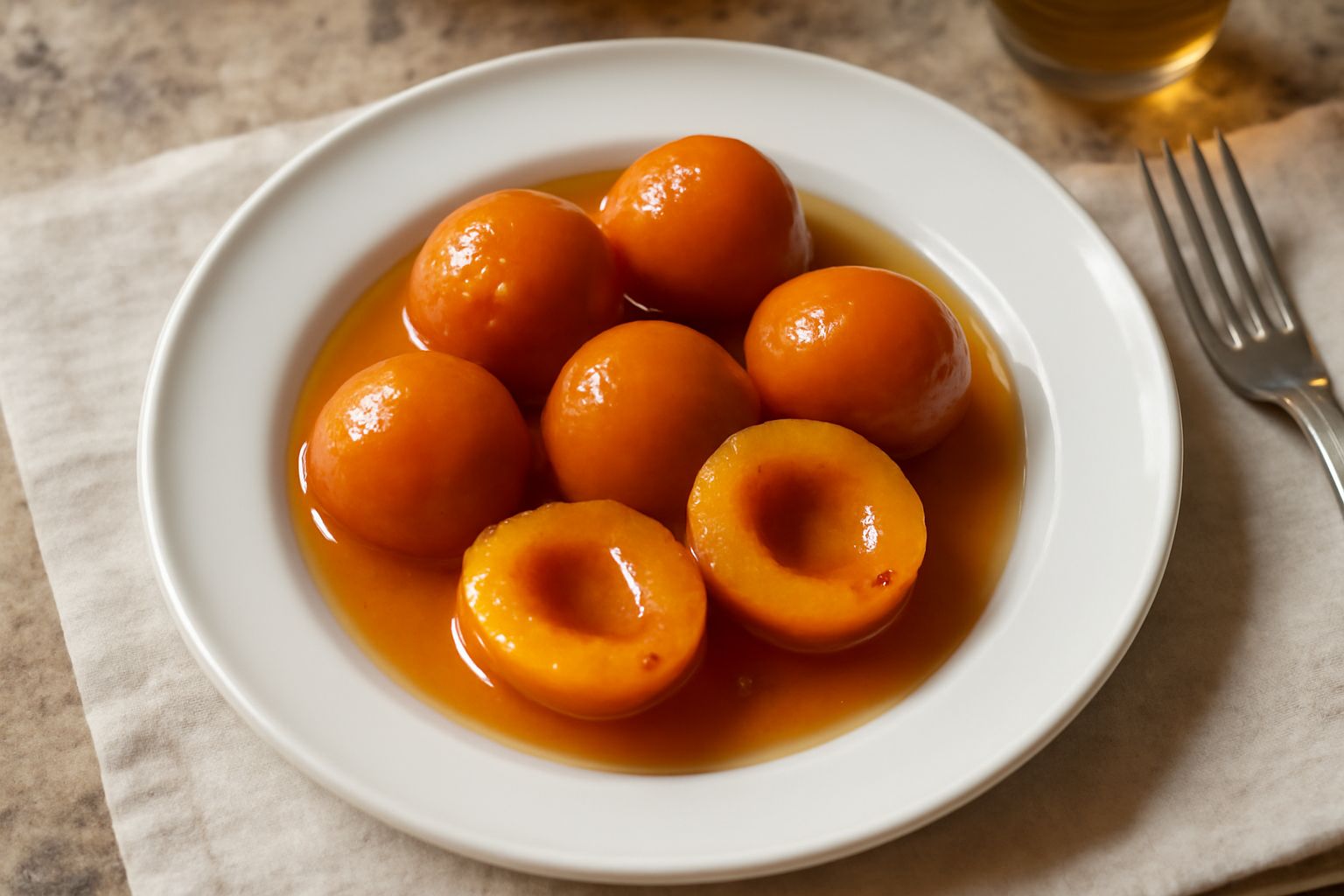 Barattoli di vetro con albicocche sott'alcol giallo-arancio scuro immerse in sciroppo trasparente, etichetta beige, su un piano di legno naturale con alcune albicocche fresche intorno