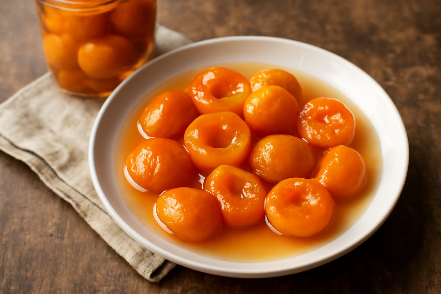 Barattolo di vetro trasparente con albicocche intere immerse in sciroppo limpido e dorato, con buccia arancione brillante visibile attraverso il vetro, vasetto chiuso con coperchio bianco