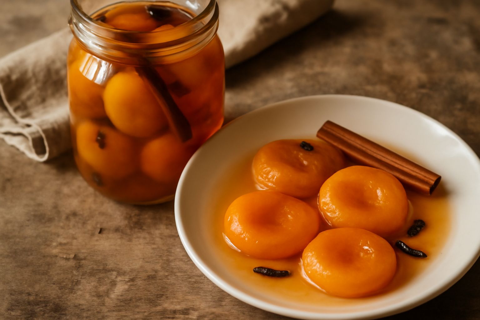Barattolo di vetro trasparente con albicocche intere giallo-arancio immerse in liquido dorato-ambrato, con bastoncini di cannella e chiodi di garofano visibili in primo piano, su un tavolo di legno ch