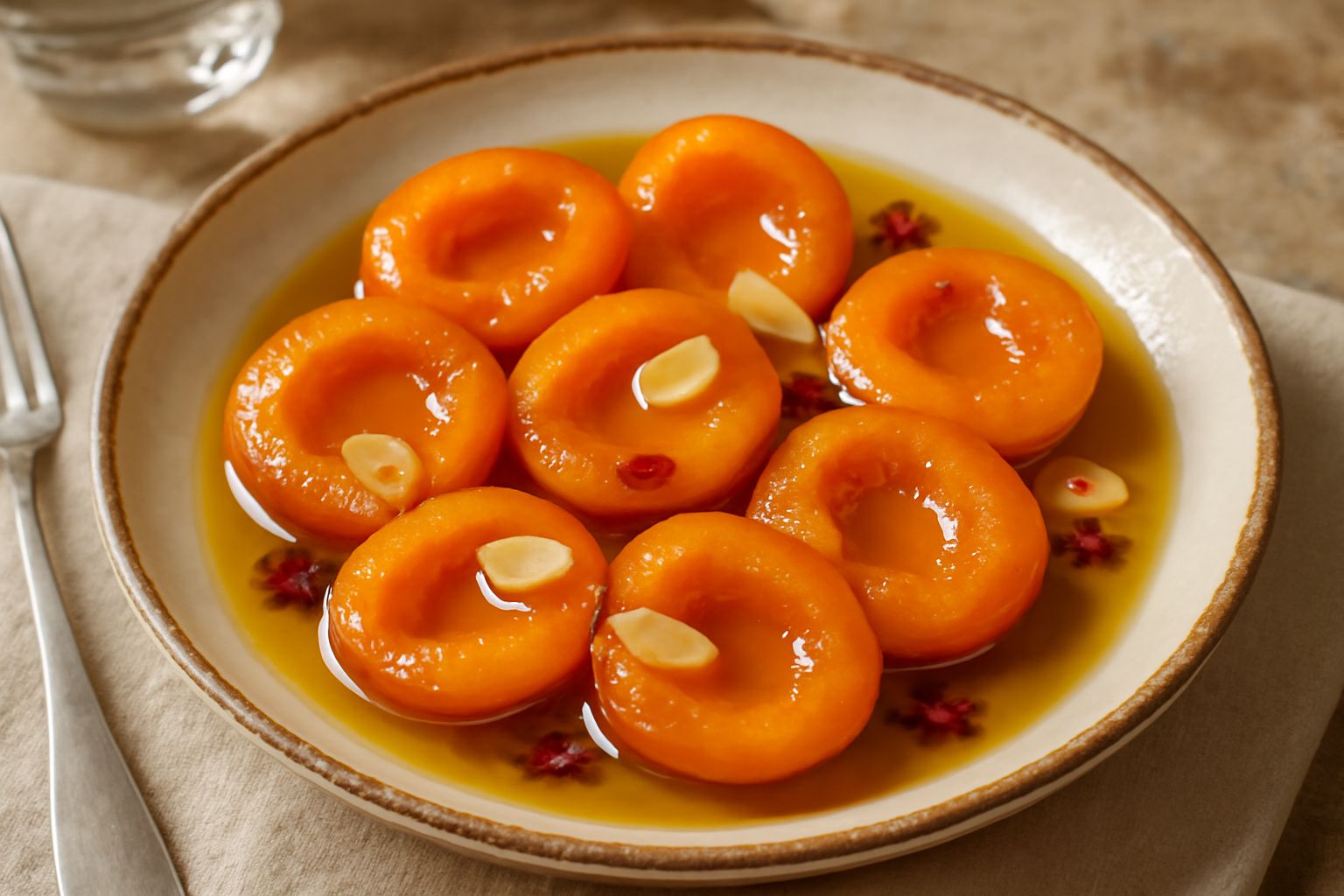 Barattolo di vetro con albicocche tagliate a metà in olio giallo trasparente, visibili spicchi di aglio e fili di peperoncino rosso, sfondo bianco